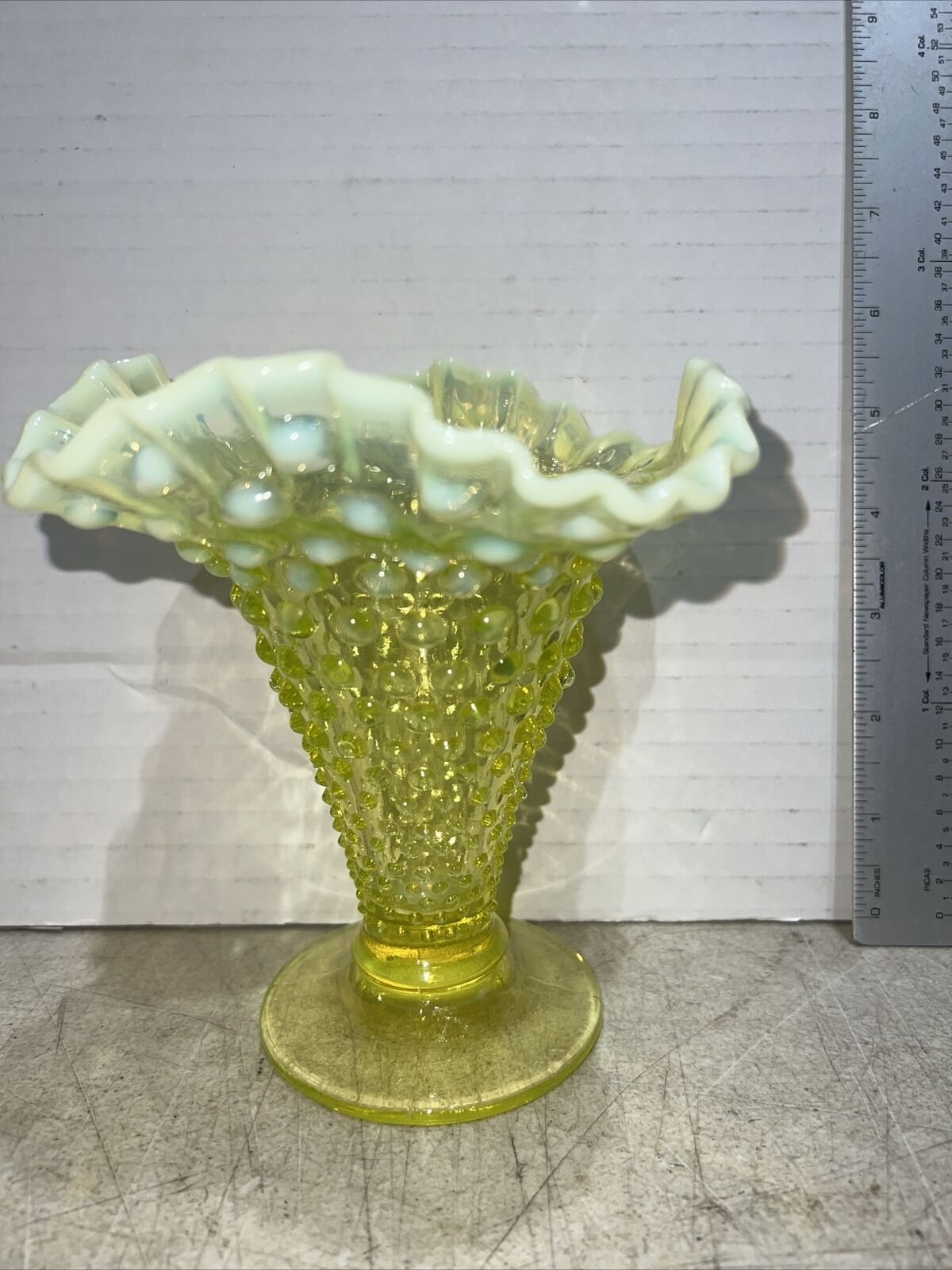 Fenton Hobnail Yellow Topaz Opalescent Trumpet Vase Vaseline Glass Uranium 5-1/2