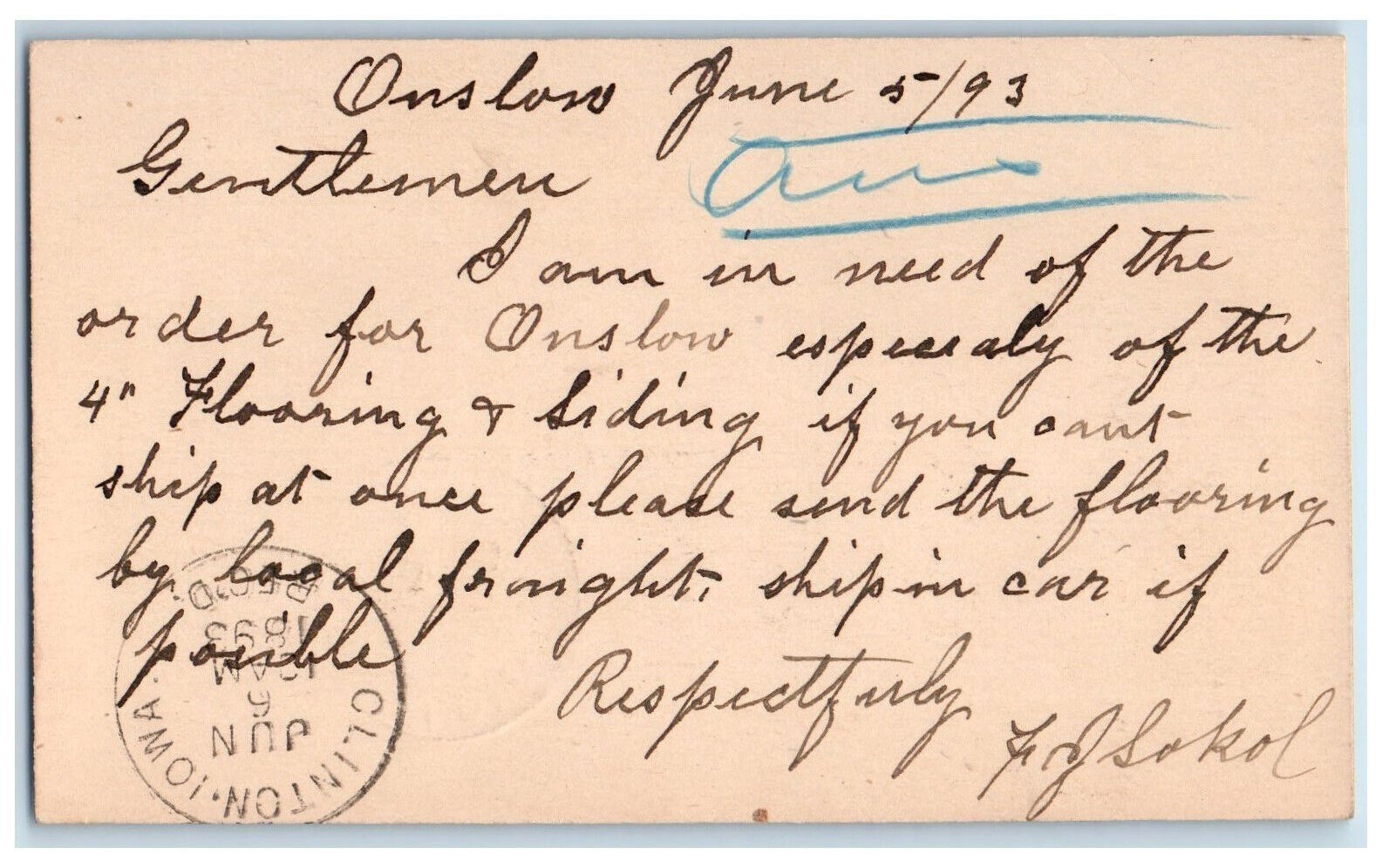 1893 Order for Onslow Flooring & Sliding Onslow IA Clinton Iowa IA Postal Card