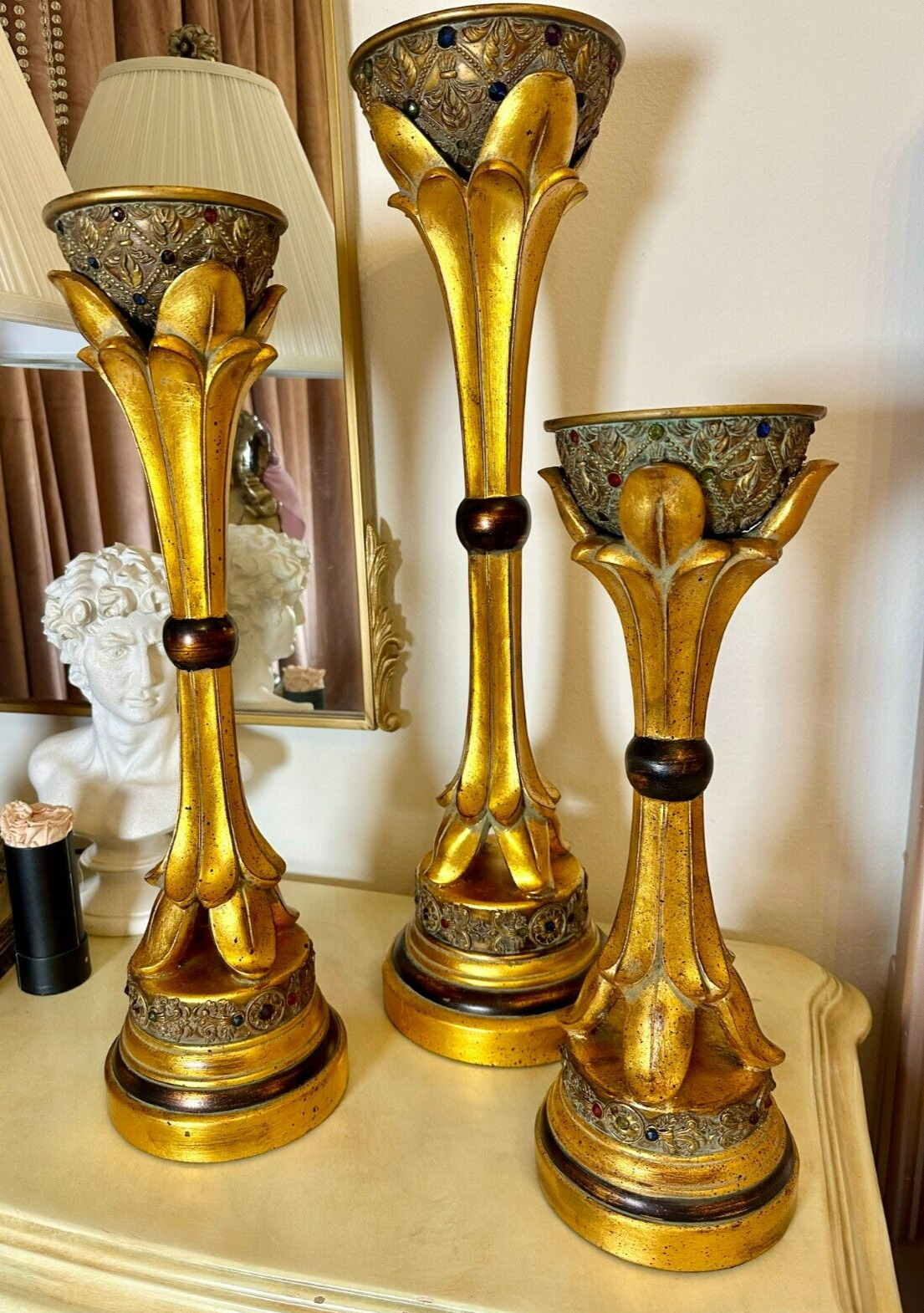 Vintage Hollywood Regency Gold Leaf Candle Holders with Colorful Gems - Set of 3