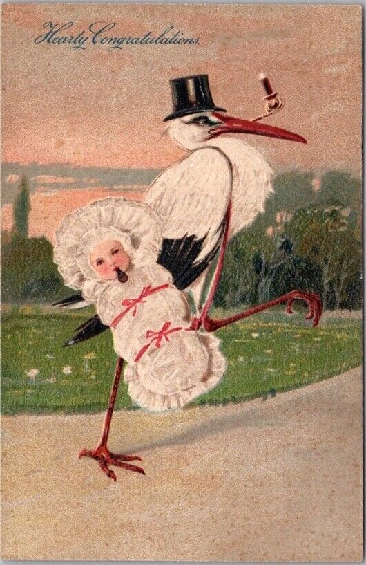 Vintage 1910s STORK / Baby Postcard 