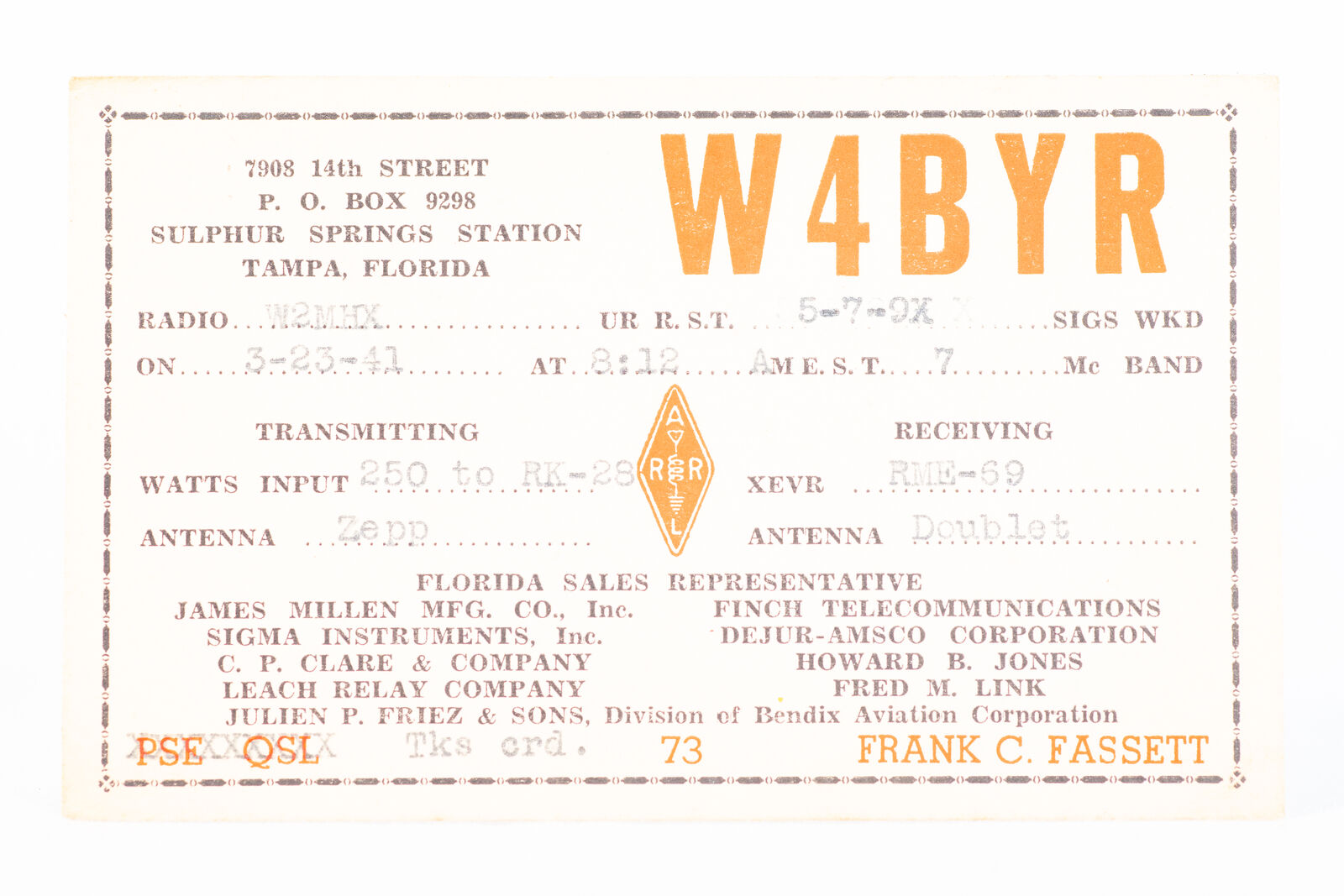 1941 Amateur Ham Radio QSL Card Sulphur Springs Station Tampa Florida W4BYR
