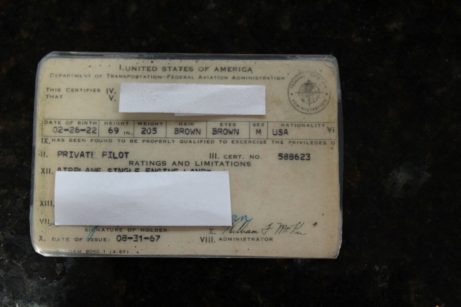 Vintage U.S.A. Department Of Transportation Private Pilot ID 1967 Collectible