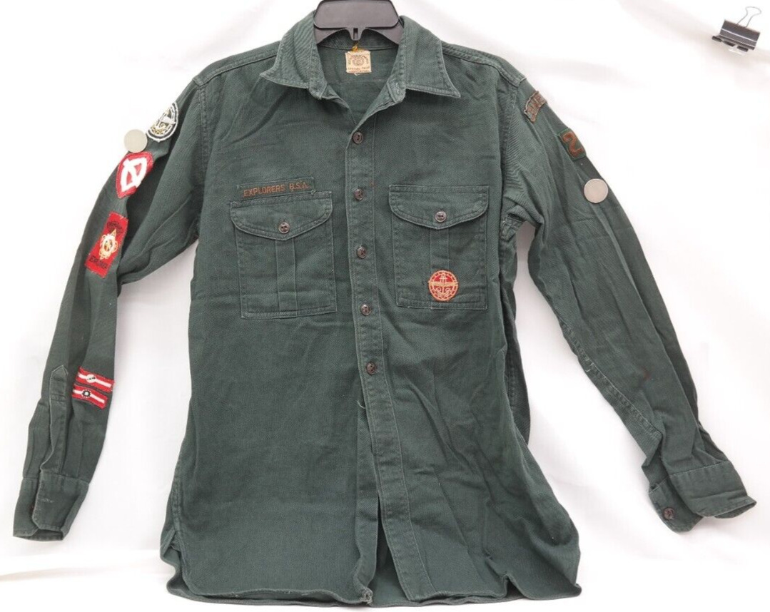 Vintage Boy Scouts Explorers Long Sleeve Shirt Green w/ Patches No Name Patrol