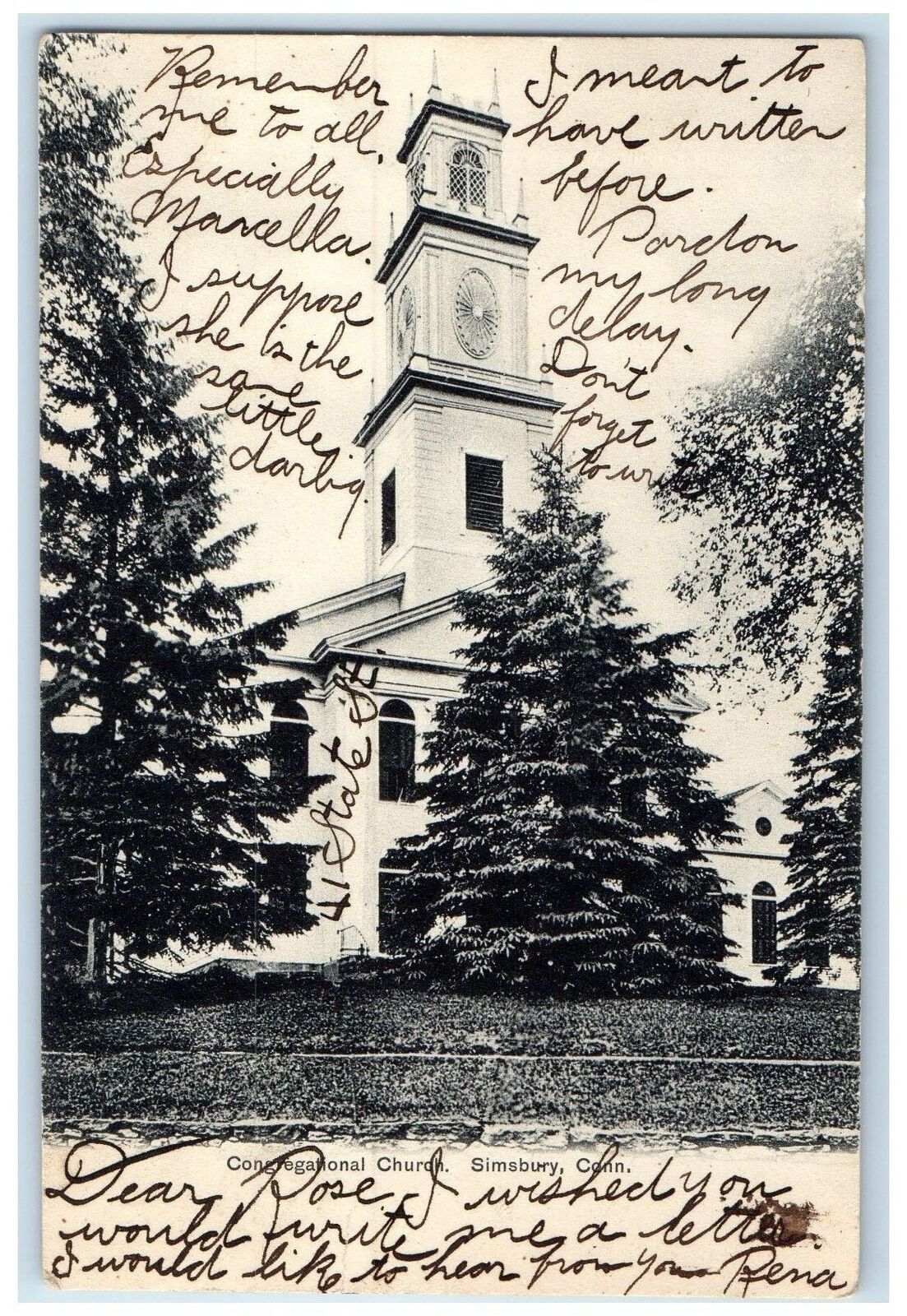 1905 Congregational Church Exterior Simsbury Connecticut CT Posted Tree Postcard