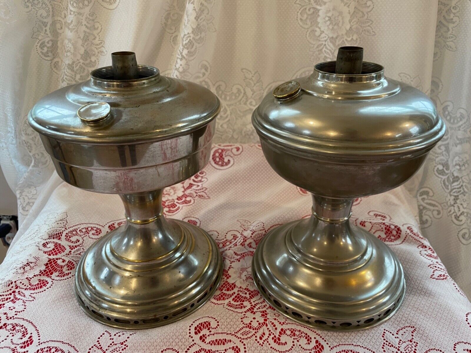 Lot of 2 Antique Aladdin Nickel Kerosene Lamp Base Fonts 1920-30s