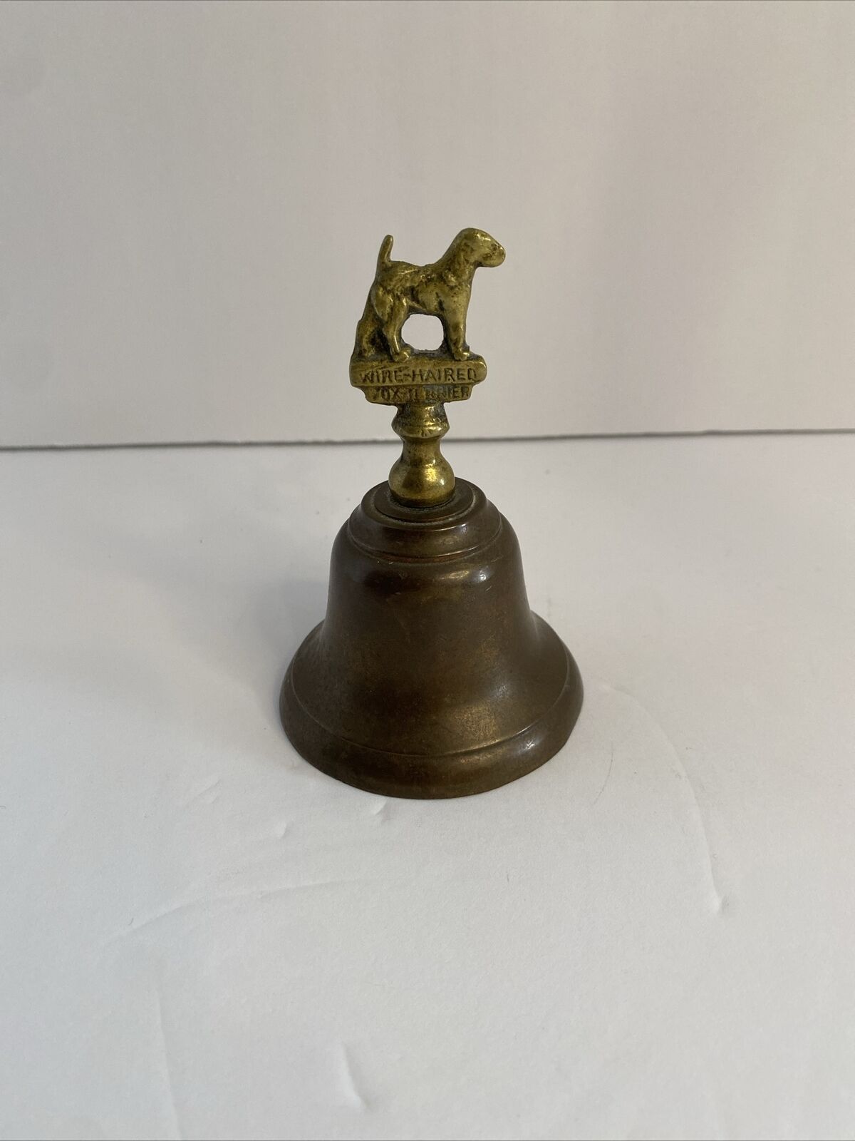 Vintage Brass Copper Bell Wire Haired Fox Terrier Hand Desk 4\