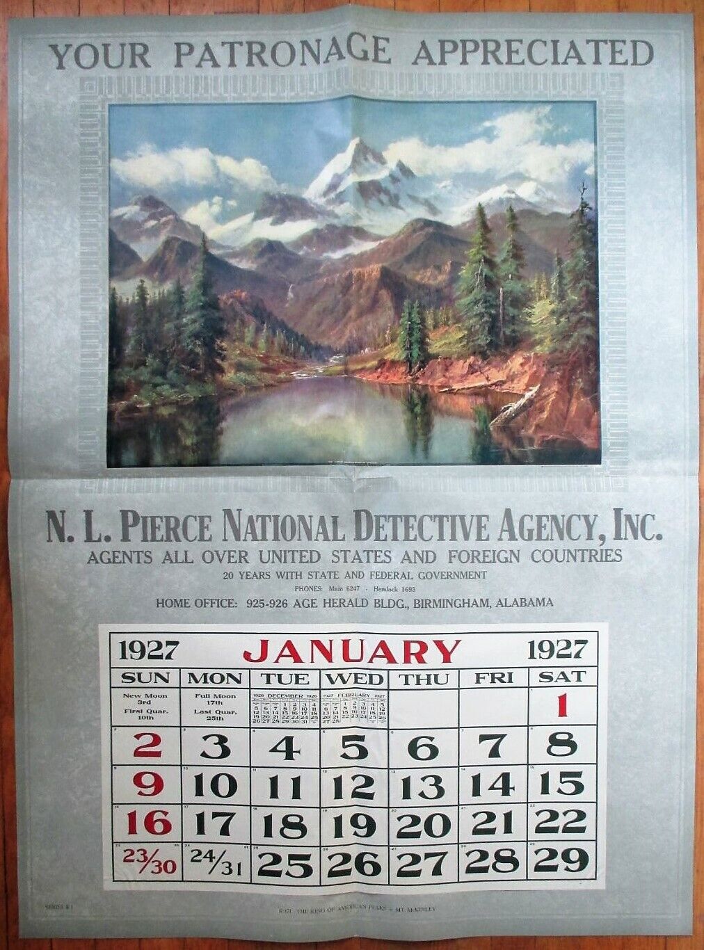 Birmingham, AL 1927 Advertising Calendar / GIANT 35x47 Poster: Detective Agency