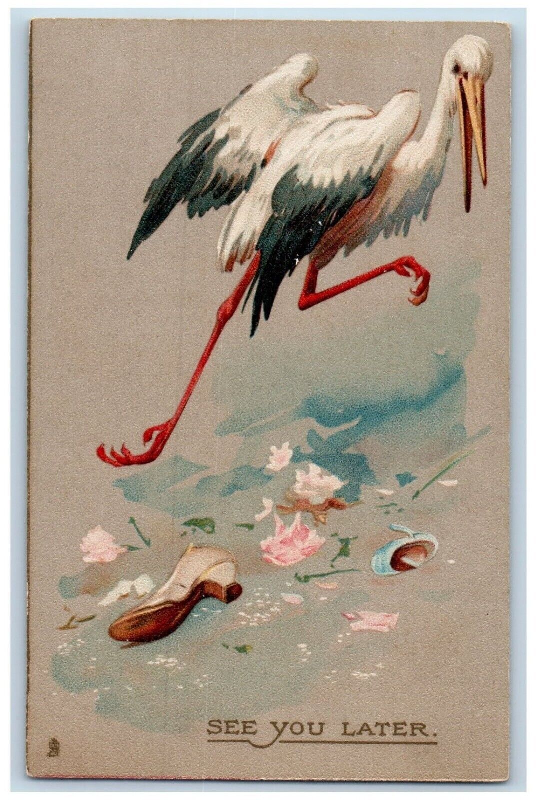 Stork Postcard See You Later Flowers Tuck c1910\'s Unposted Antique