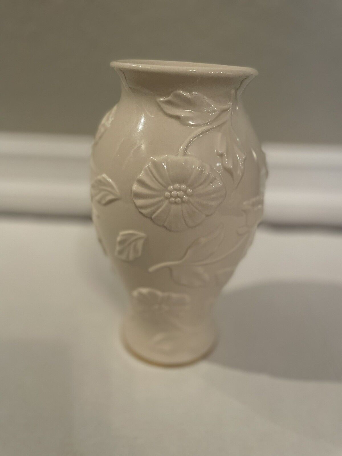 Lenox Fine China Large 10” Ivory Vase with Flowers Detail