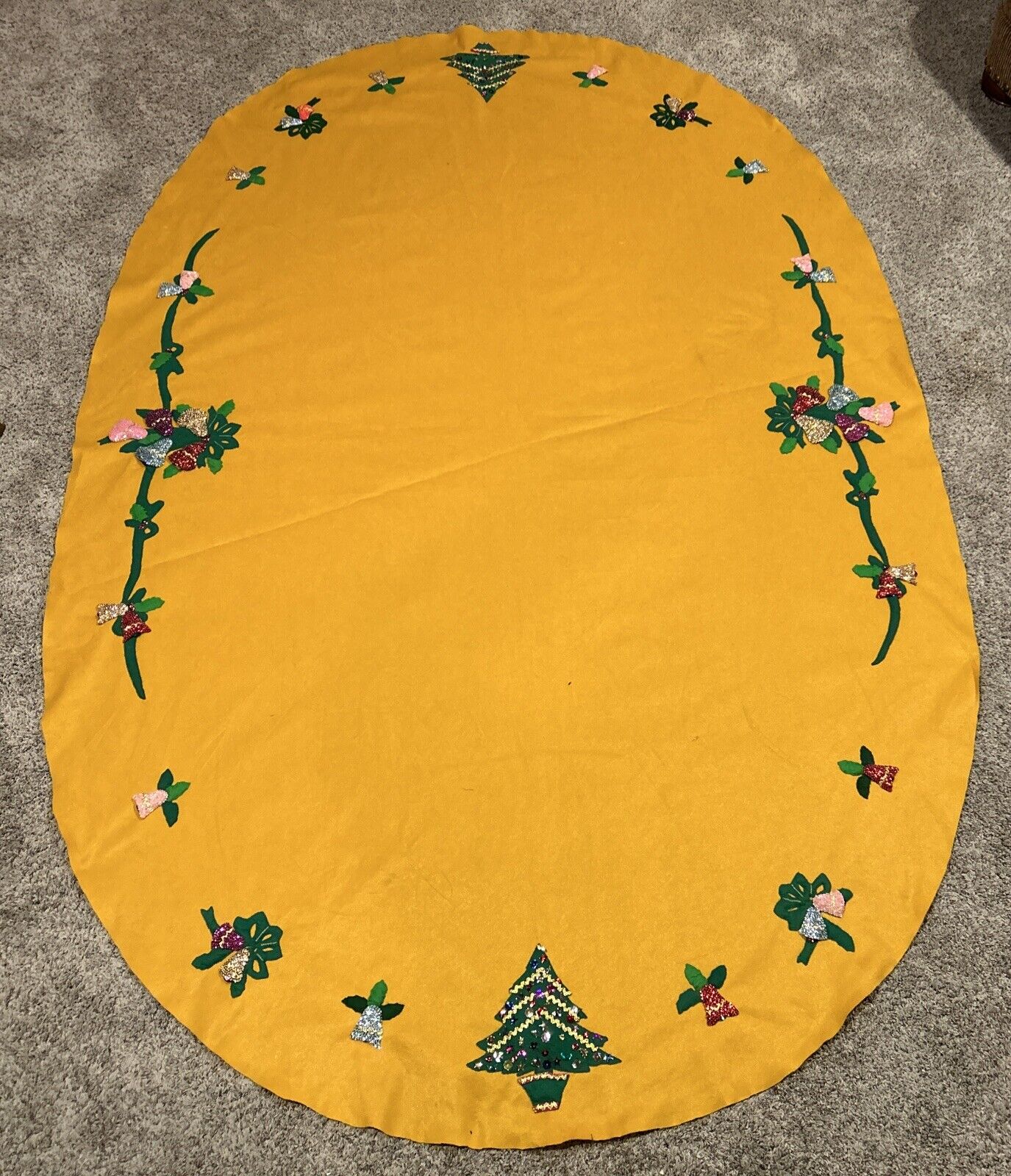 Vintage Sequins Felt Christmas Tree Fruit Tablecloth Hand Made **Exquisite**