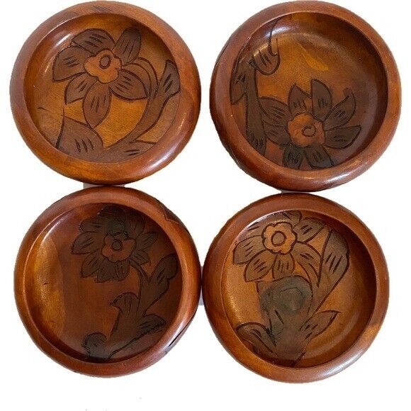 Haitian Mahogany Set of 4 Carved Bowls Floral Pattern VINTAGE HAITIAN FOLK ART