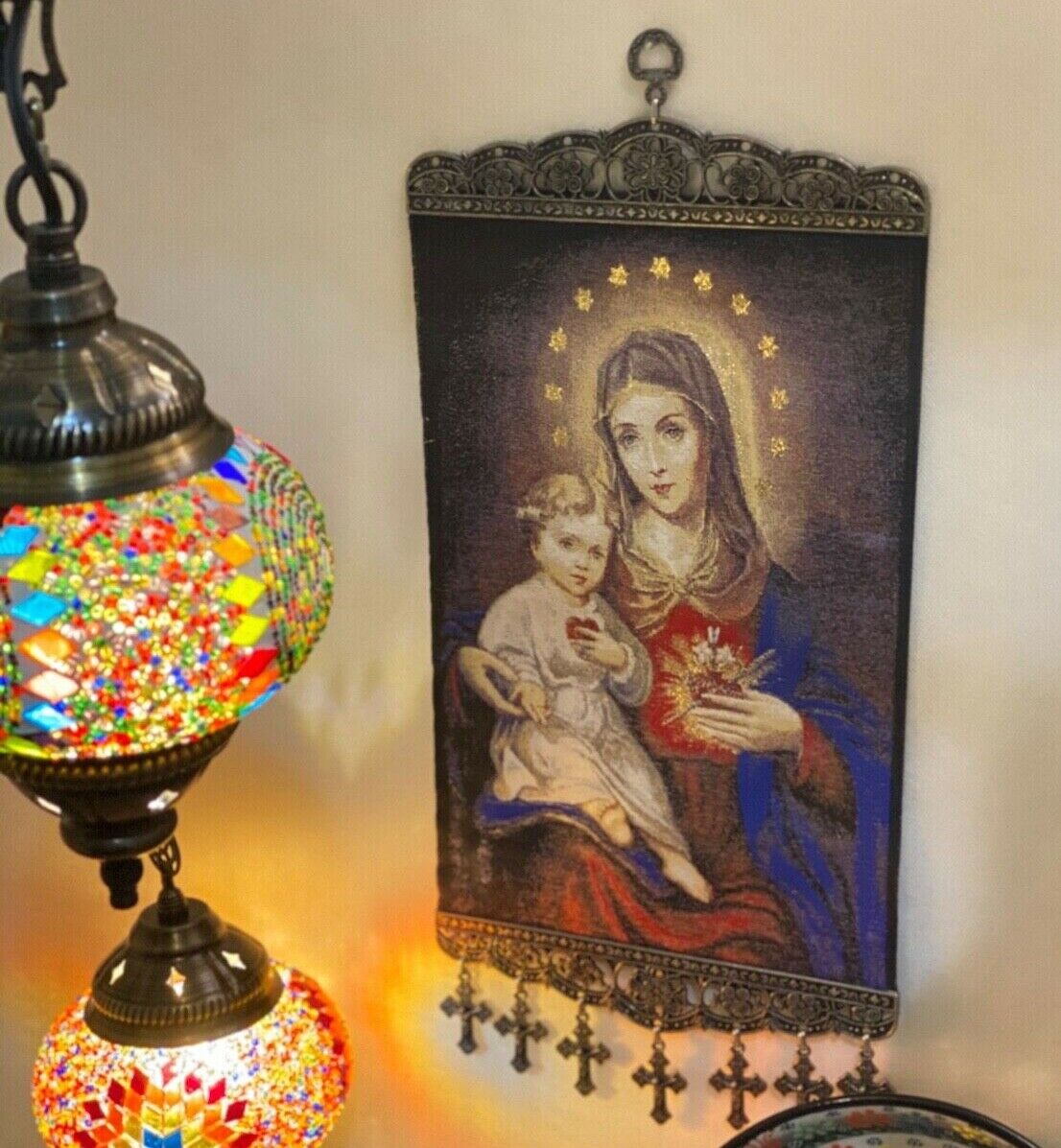 Immaculate Heart Mary with Child Cotton Yarn Banner Art Decor  Large Size 15x8