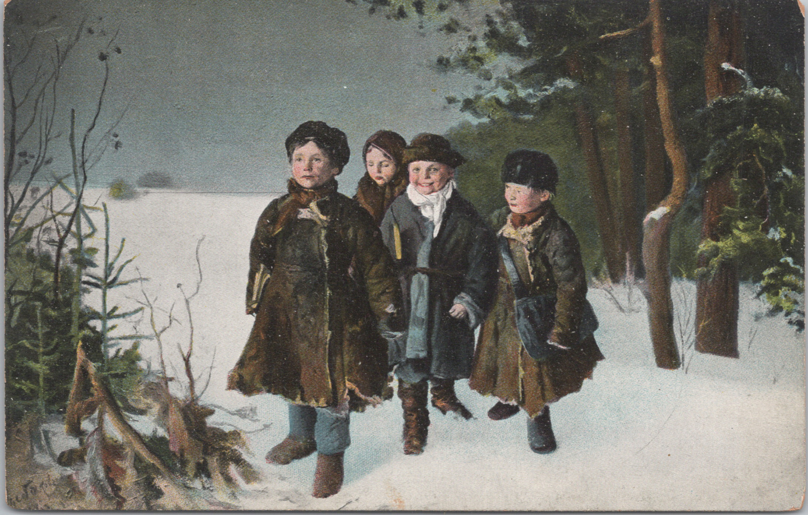 Art Repro of Painting by G. Rybakov Return From School c1915 Postcard - Unposted