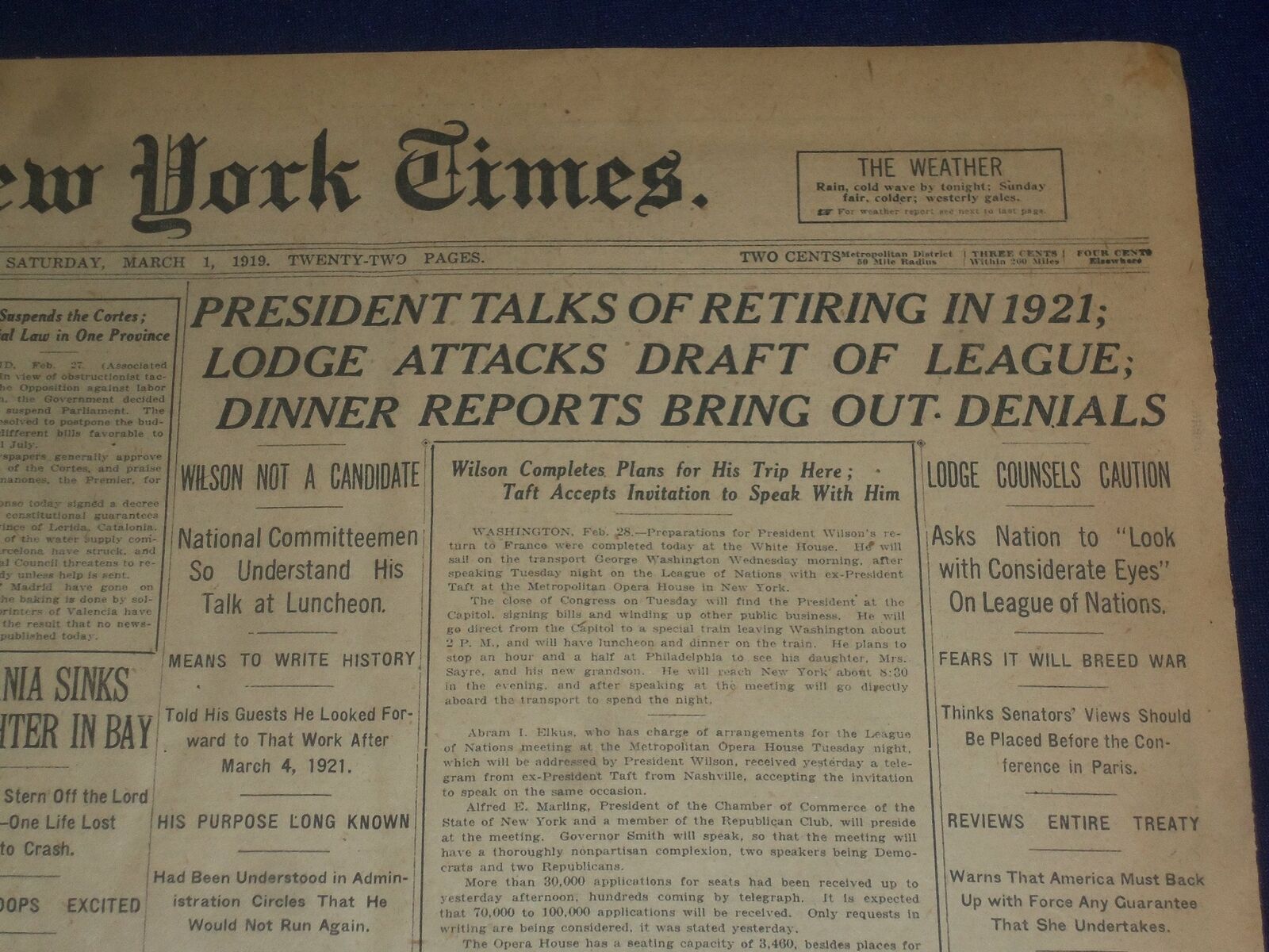1919 MARCH 1 NEW YORK TIMES - PRESIDENT TALKS OF RETIRING IN 1921 - NT 9264