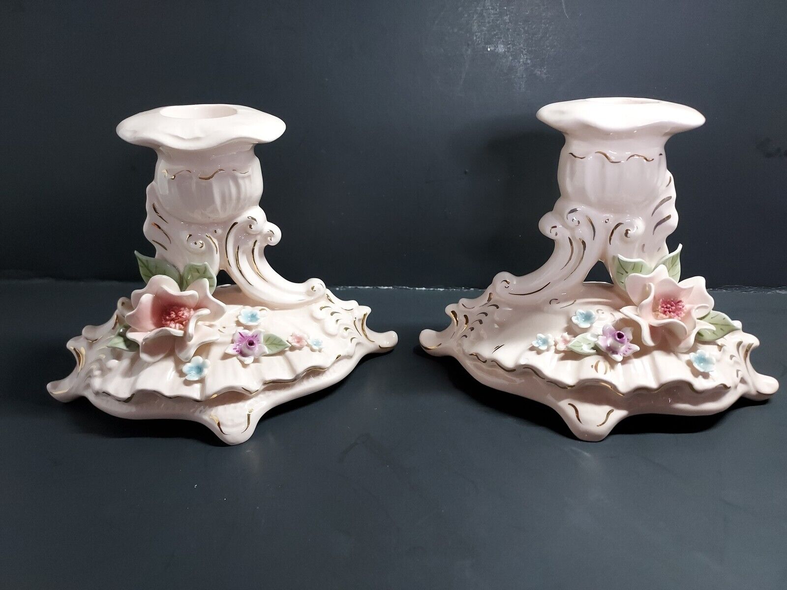 VTG Florence Ceramics Porcelain Floral Rose Candle Stick Holders EUC