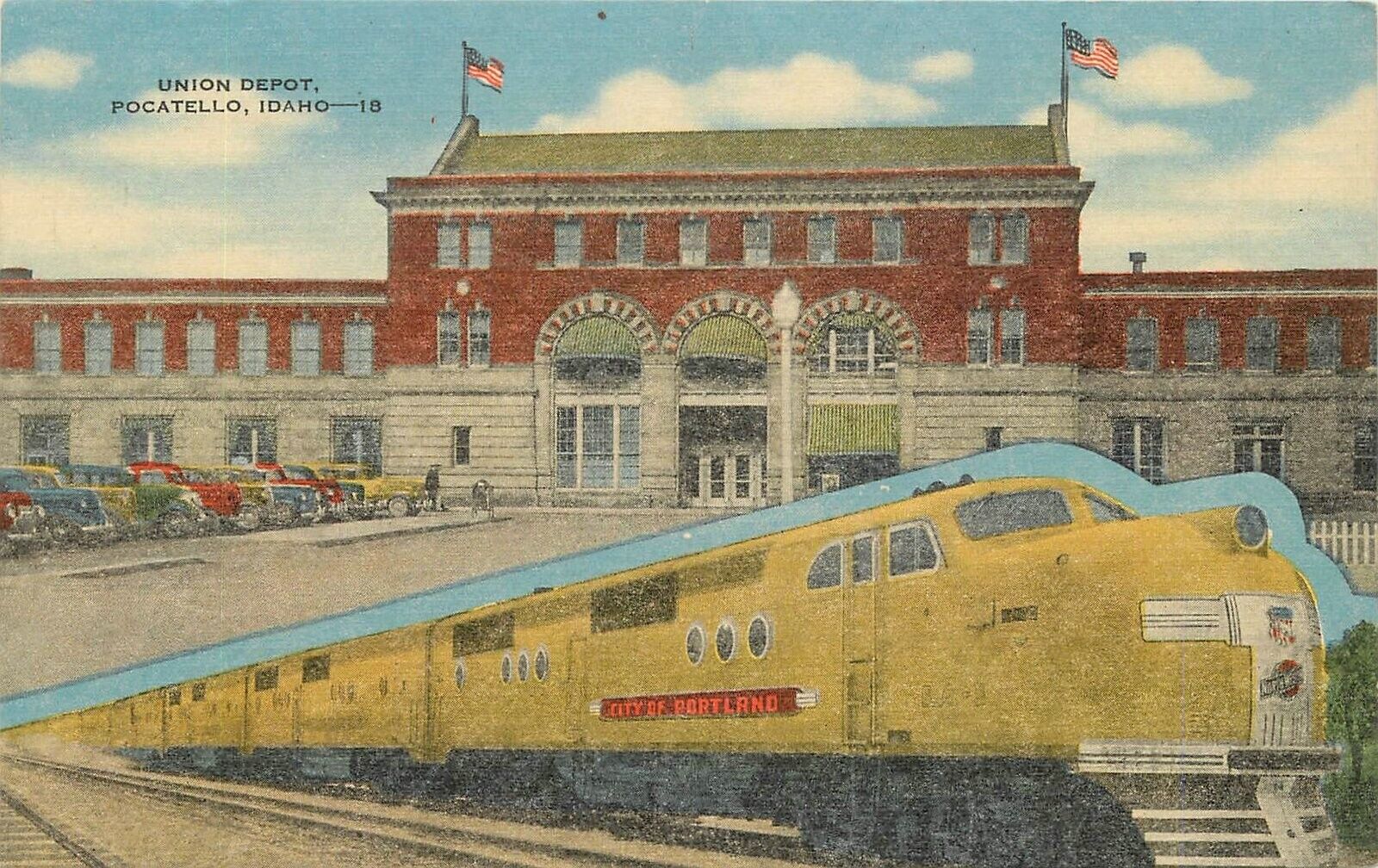 Postcard Idaho Pocatello Union Railroad Depot Train Streamliner 1940s 23-7260