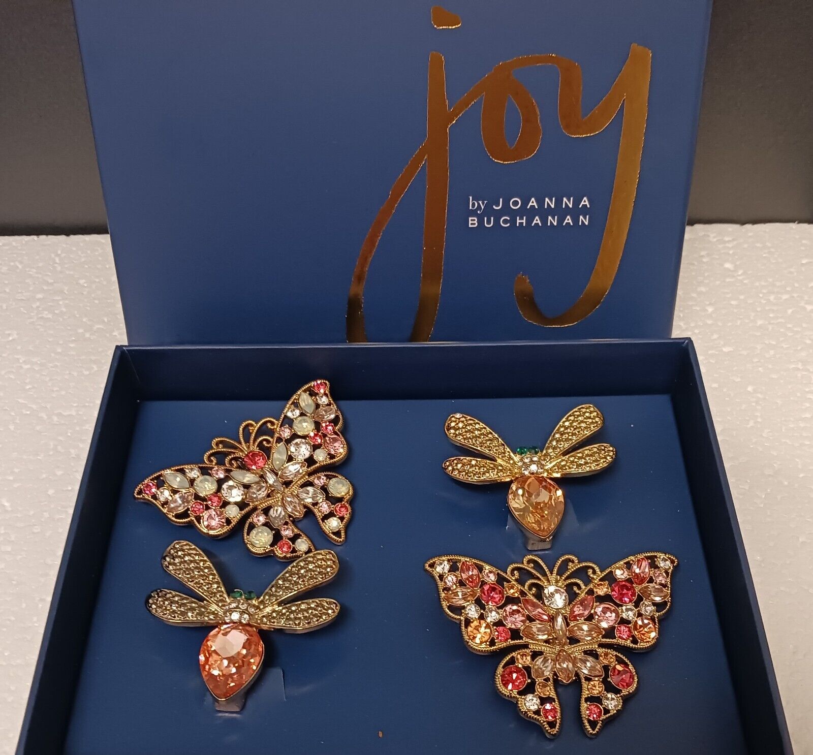 Joy by Joanna Buchanan Rhinestone Butterfly/Bee Clip Ornaments Set of 4 Gift Box
