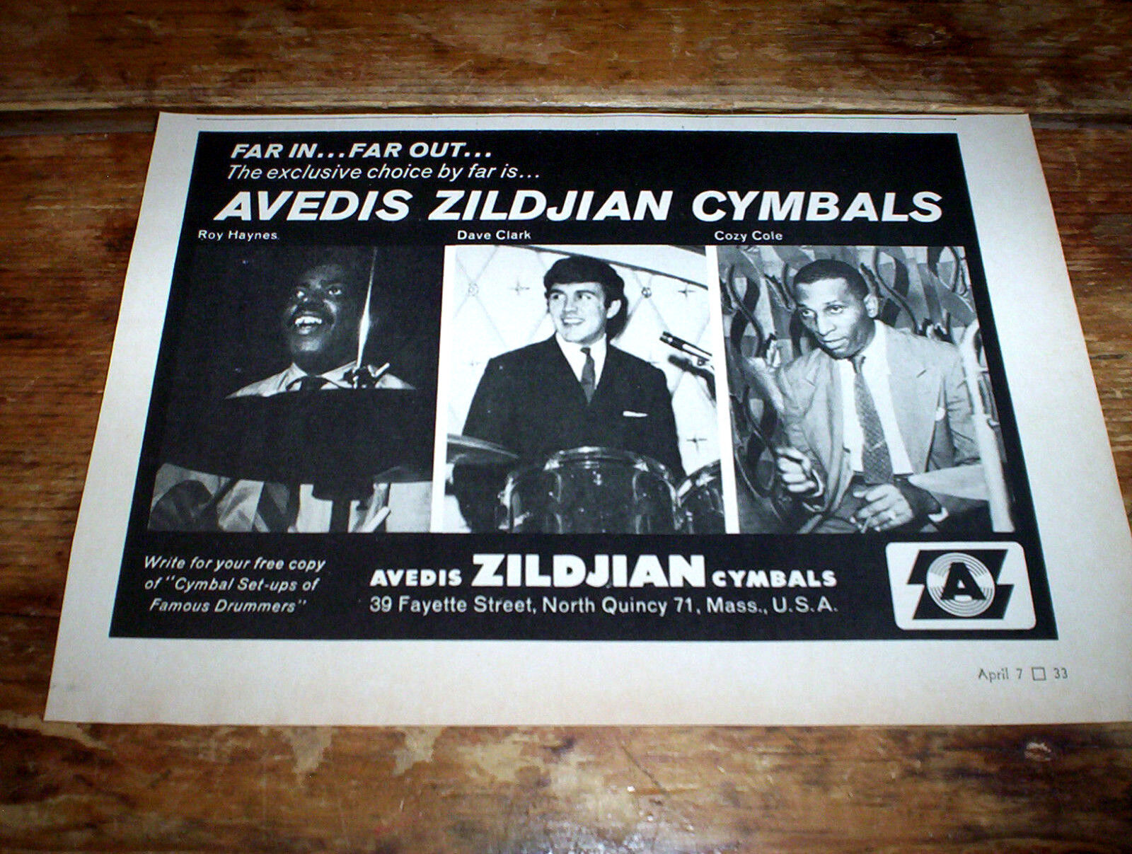 ZILDJIAN ( DAVE CLARK / COZY COLE / ROY HAYNES ) 1966 Vintage magazine PROMO Ad