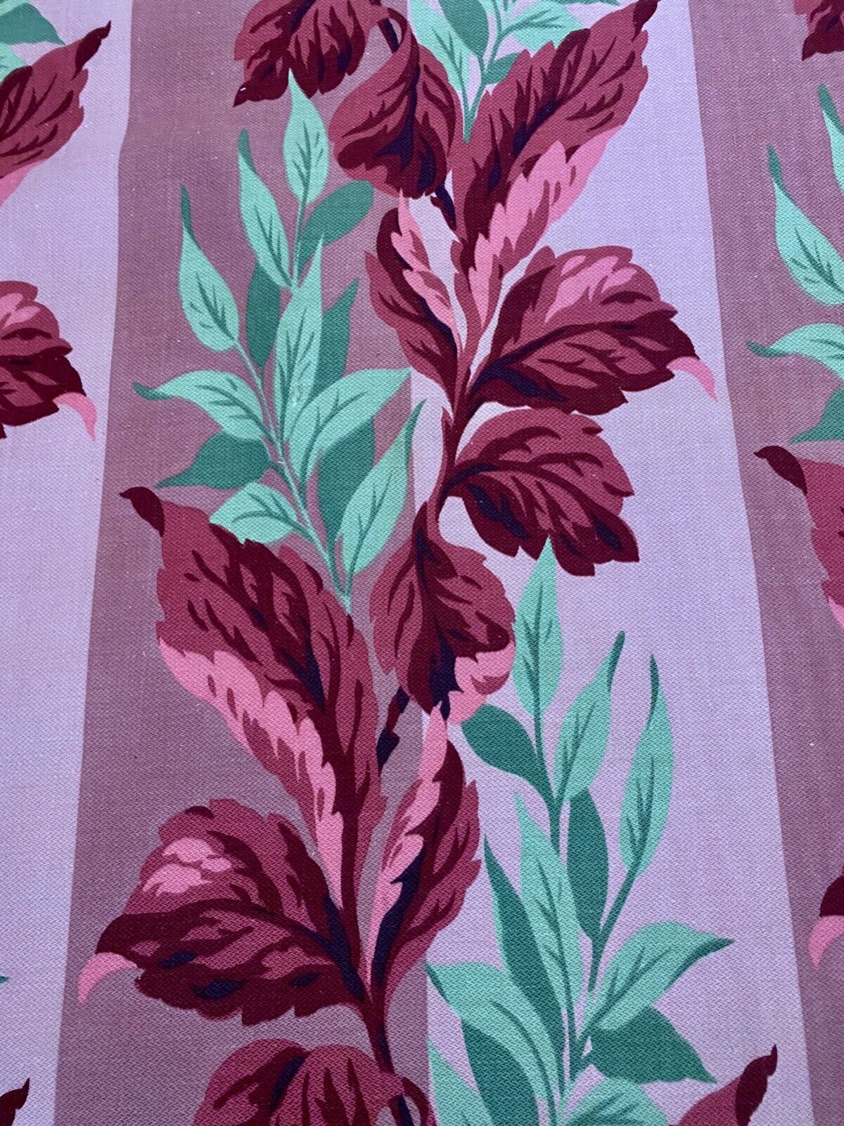 Art Deco Miami 1930's Pastel Jadeite & Raspberry Barkcloth Vintage Fabric Leaf