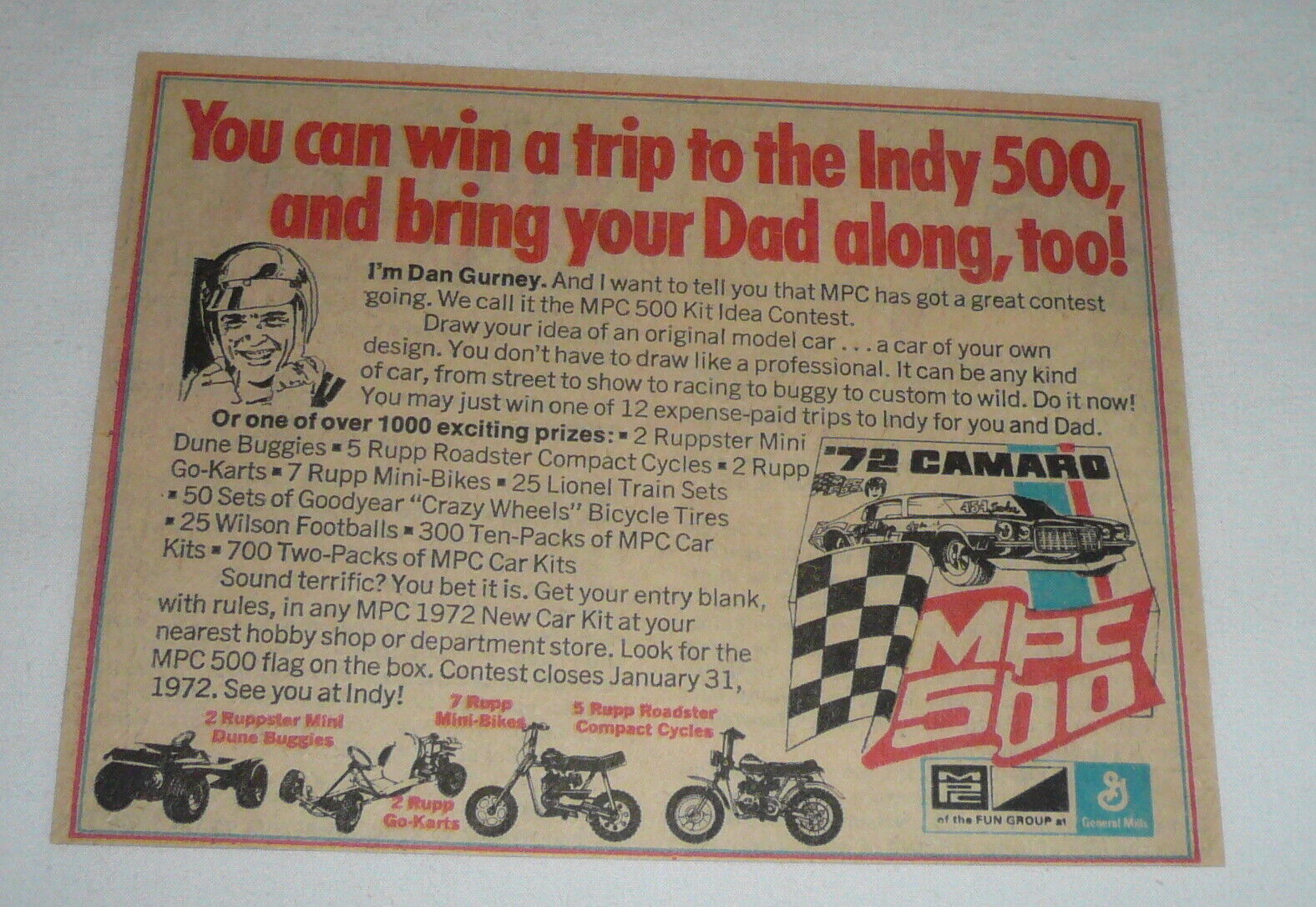 1971 MPC models ad ~ DAN GURNEY ~ \'72 Camaro,Dune Buggy,Mini Bike,Go Kart,more