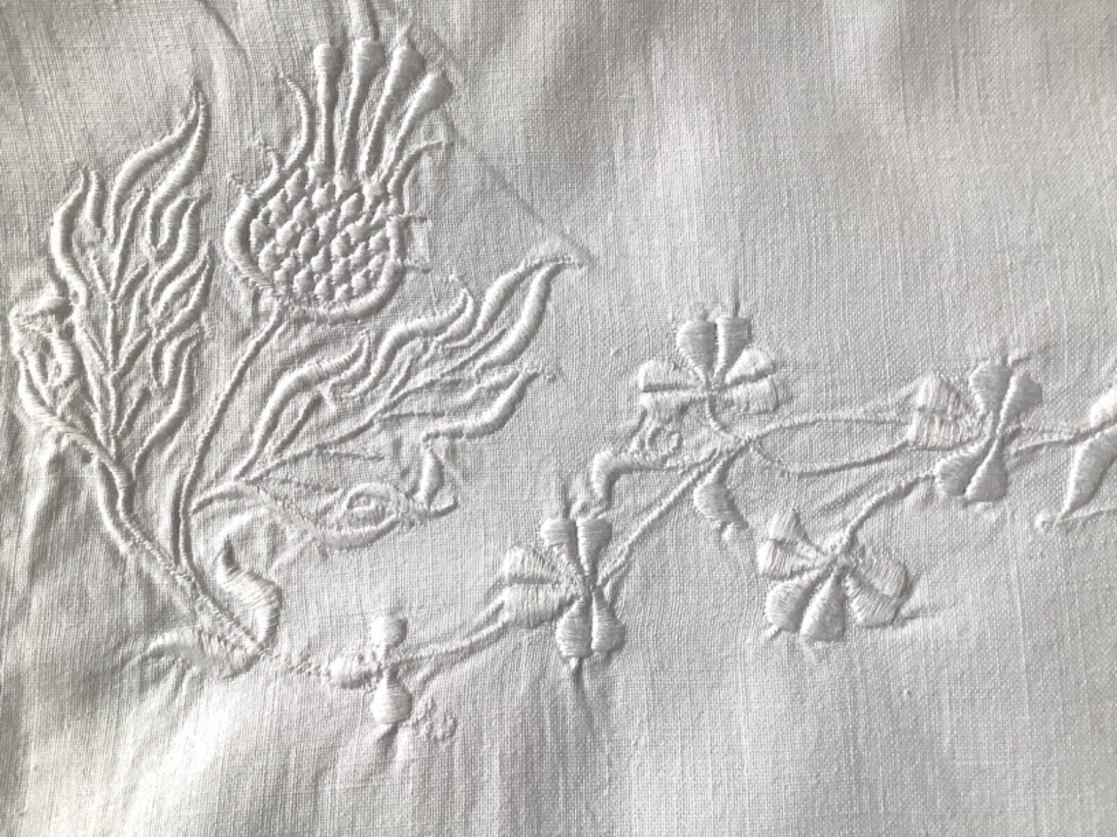 Vintage White Cotton Bolster Case Thistles Hand Embroidered Thistles Both Ends