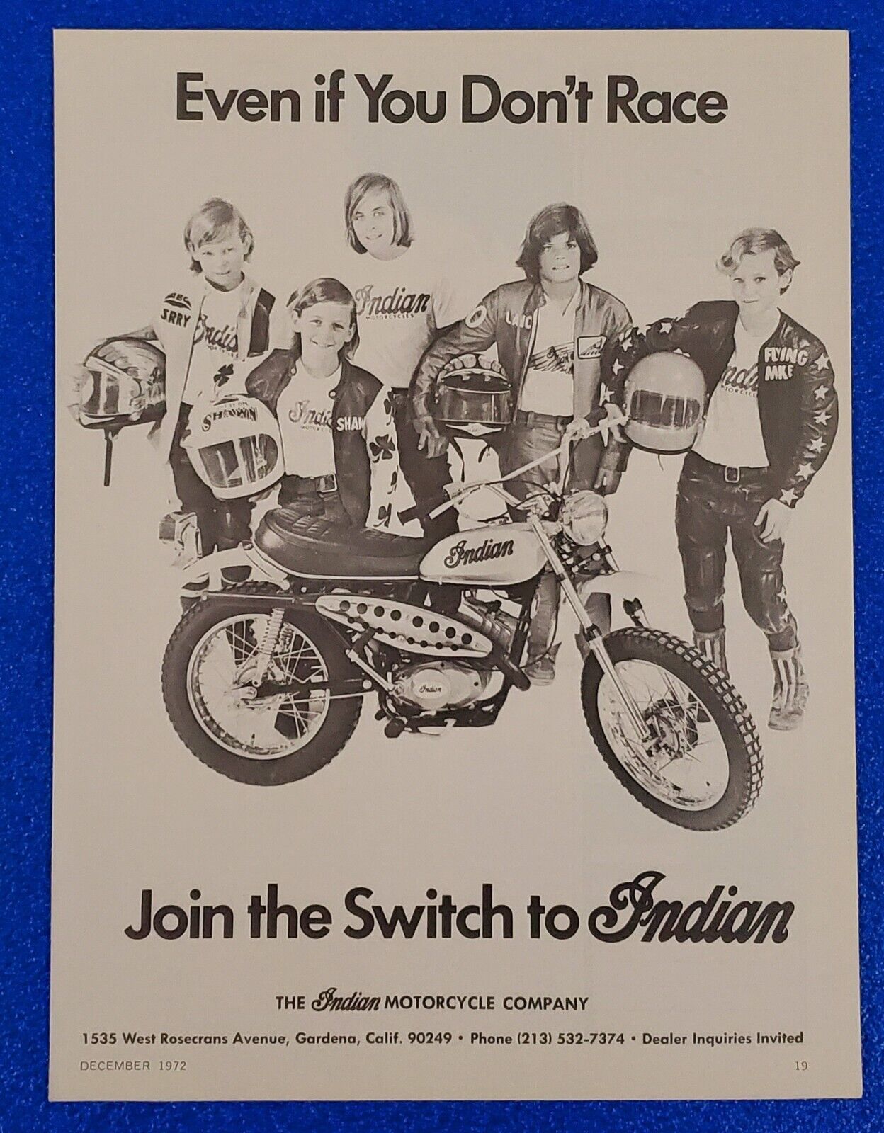 1972 INDIAN MOTORCYCLE ORIGINAL PRINT AD MINIBIKE - JOIN THE SWITCH TO INDIAN