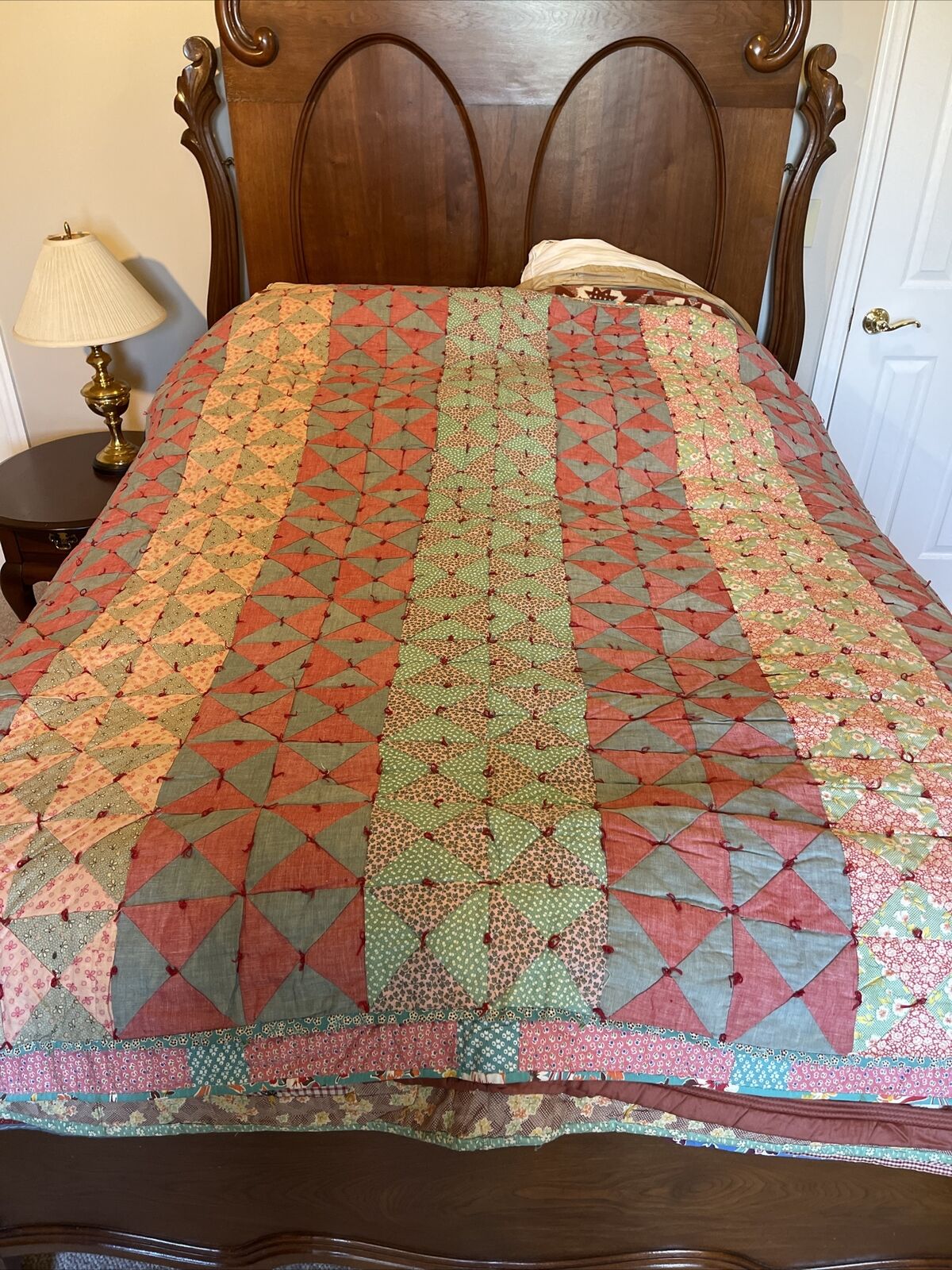 vintage handmade quilt Comforter 74 x 68 have a multi colored squares early 1900