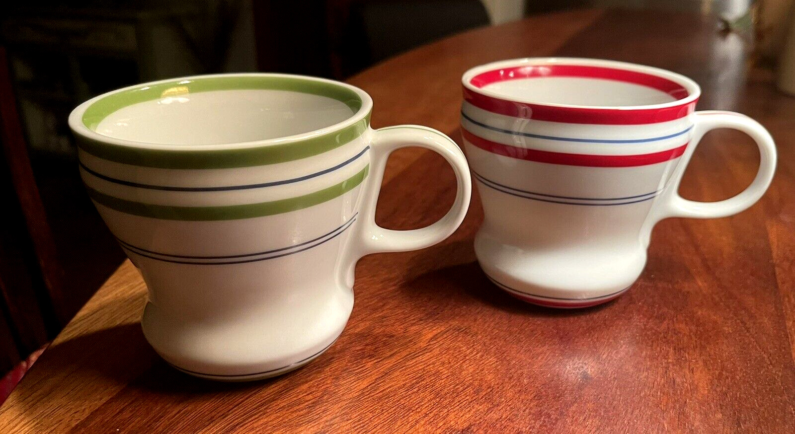 2007 Set Of 2 Starbucks Retro Coffee Mugs 12 oz Red Blue & Green Blue Stripes