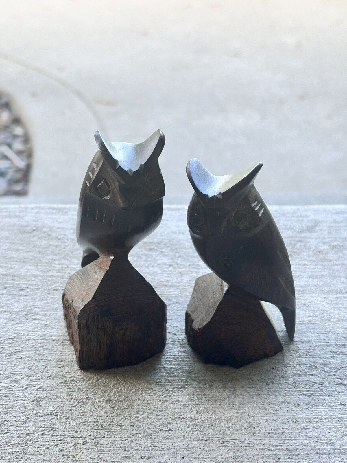 Vintage Hand Carved Ironwood Horned Owl Wooden Sculptures