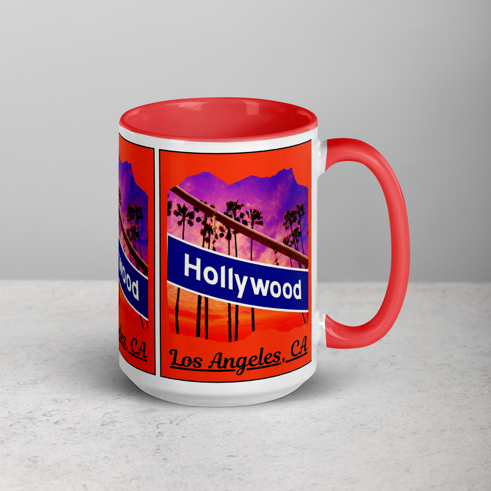 Hollywood Los Angeles Coffee Mug 15oz California FAN ART red handle & interior