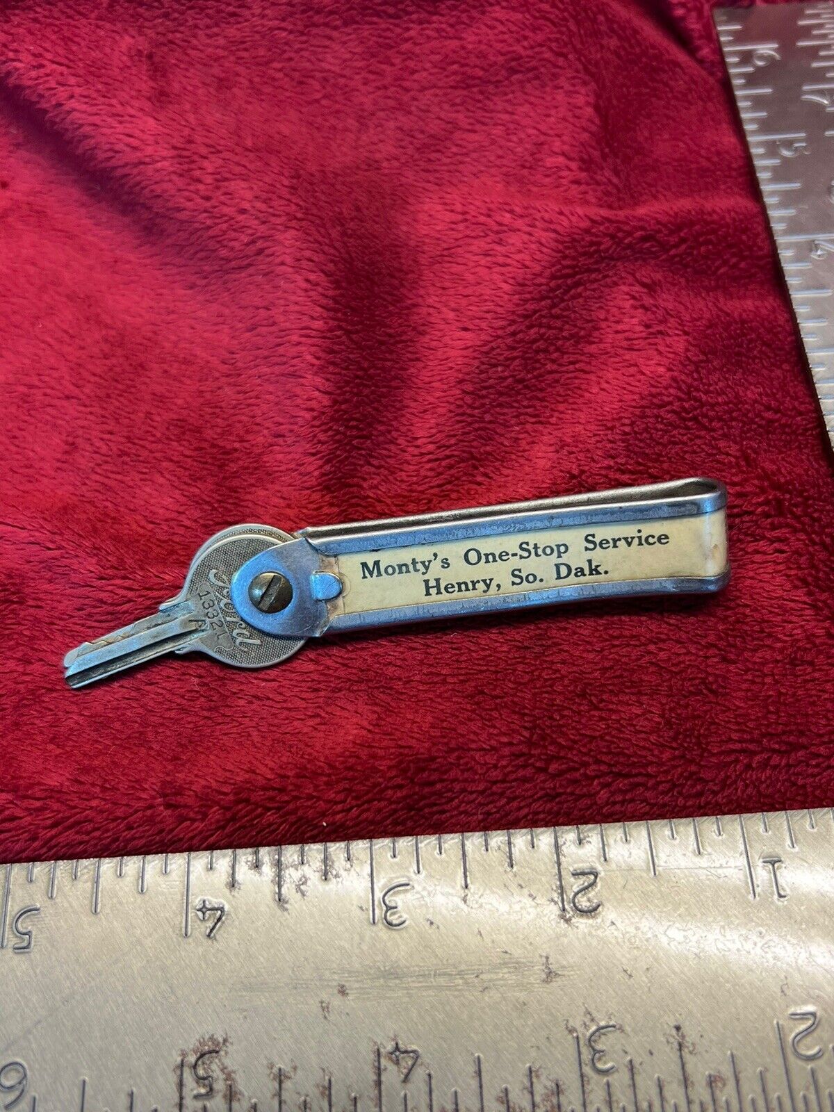 Vintage Metal Key Fob, Monty’s One-Stop Service in Henry, SD & 2 Old Ford Keys