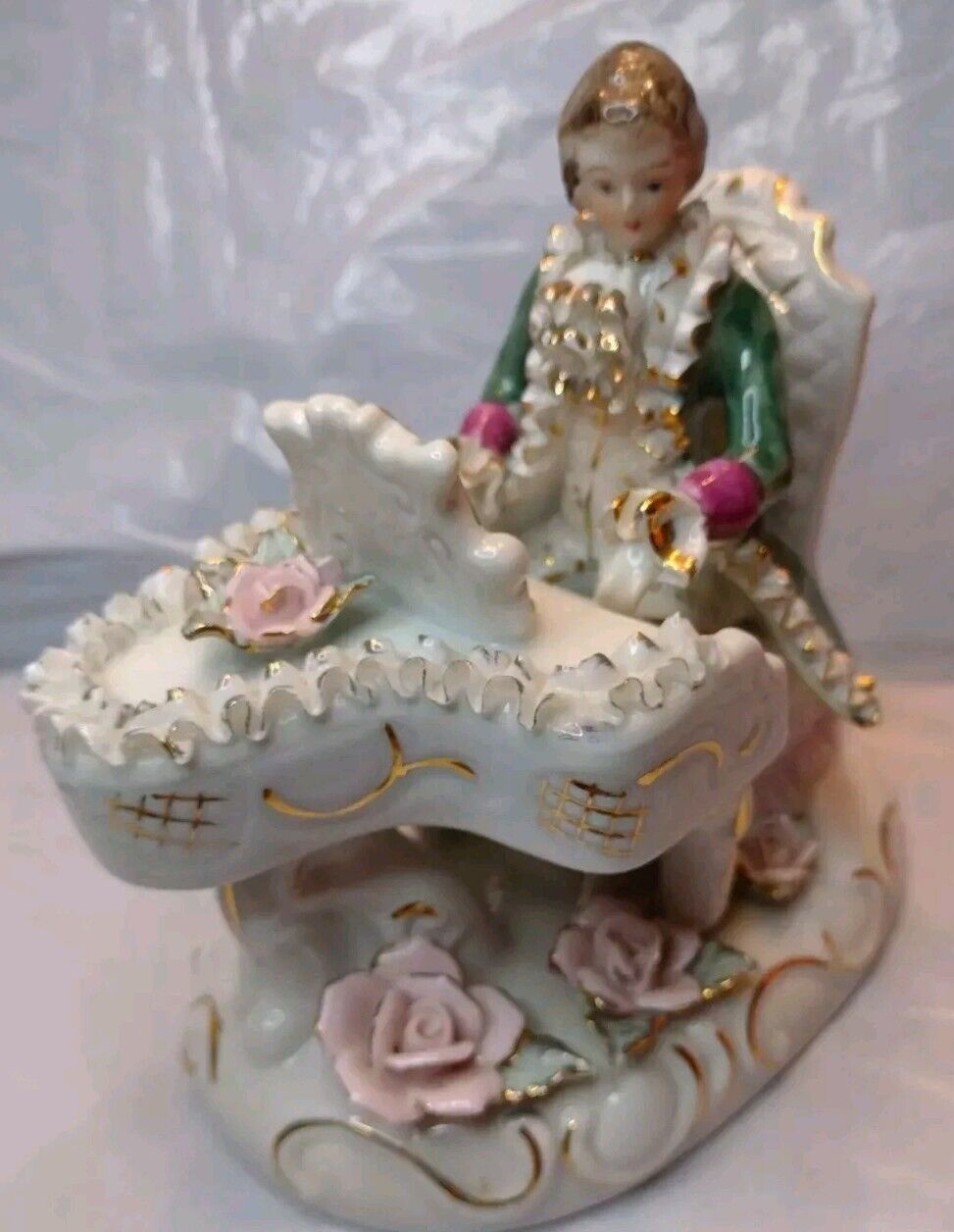Vintage Porcelain Colonial Man Playing Piano Figurine Fine Bone China Lace 6\