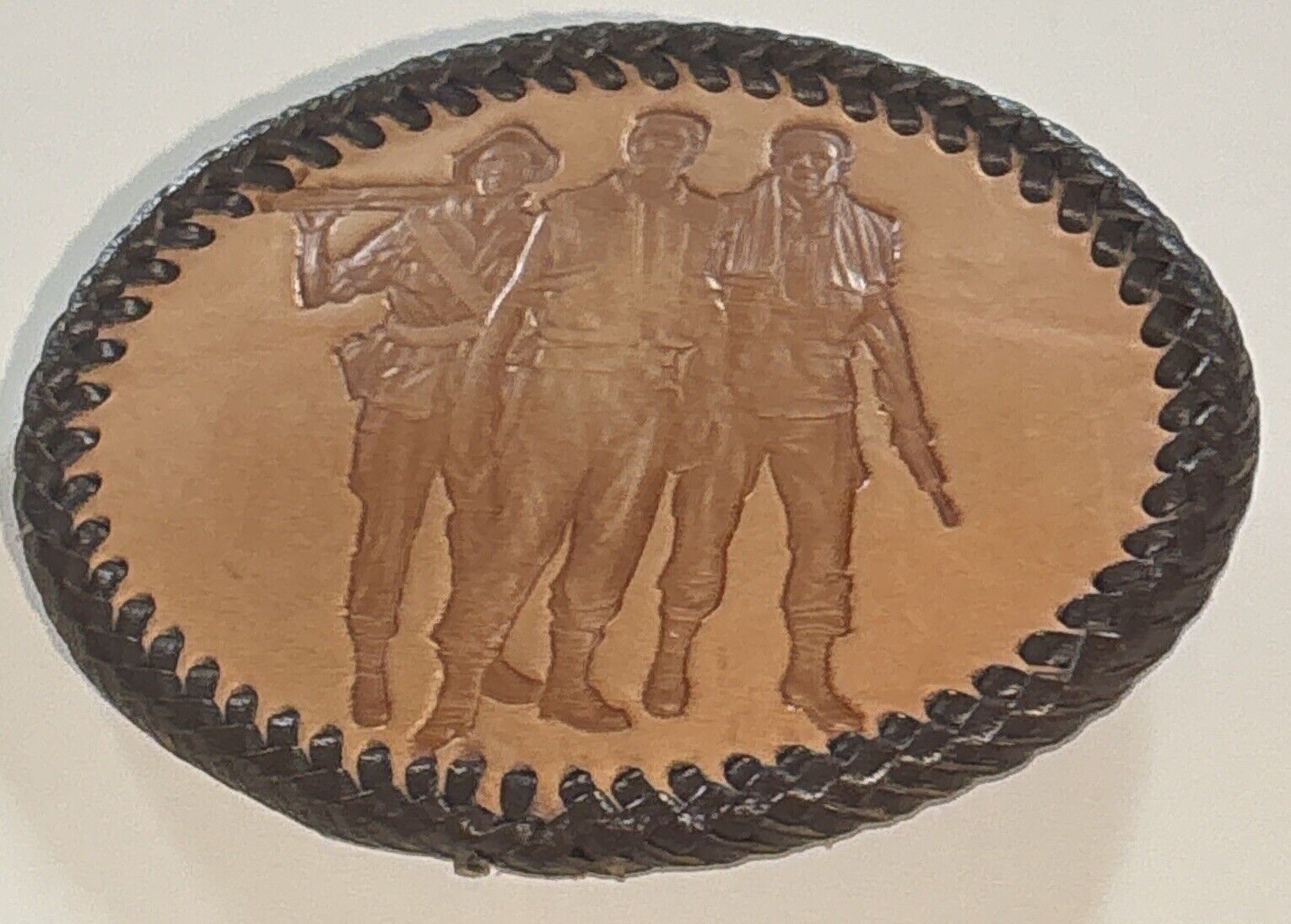 Lot (3) Vietnam? Military Soldiers Brown Oval Leather Braided Belt Buckle
