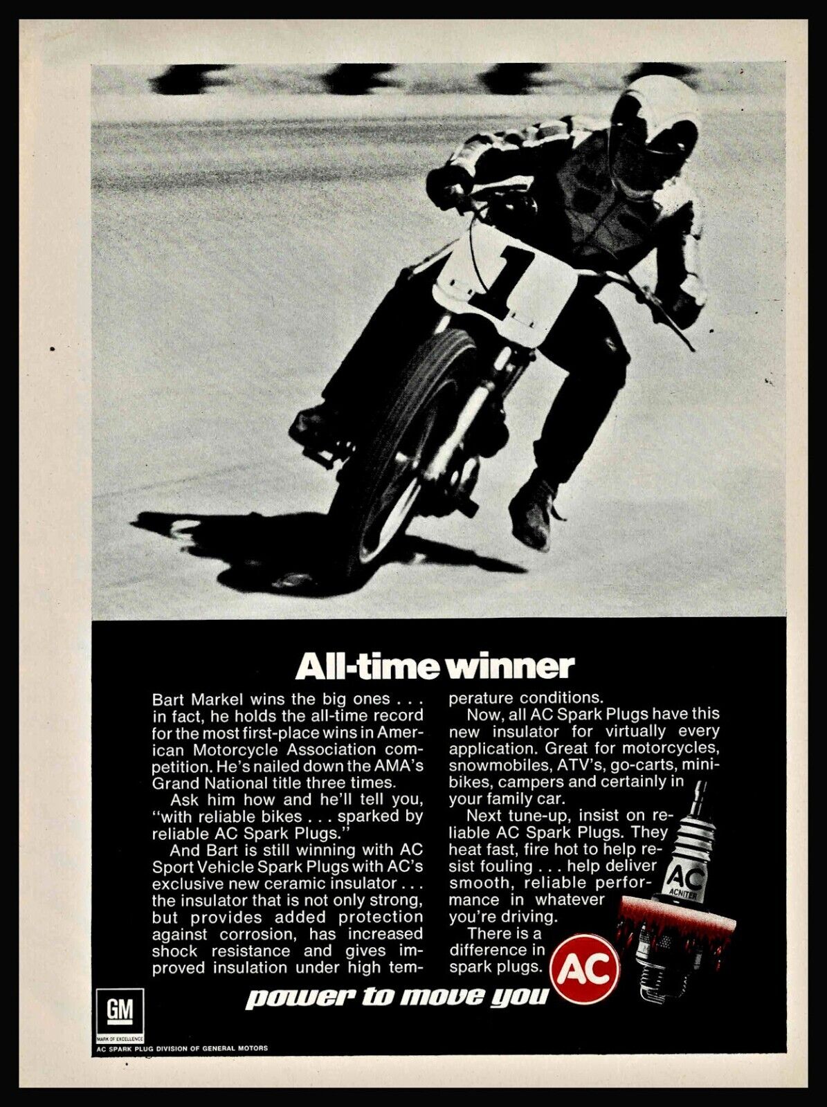 1972 BART MARKEL Motorcycle Racing AMA AC Spark Plugs Original PRINT AD