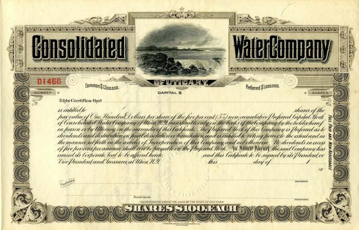 Consolidated Water Co of Utica, New York - Stock Certificate - General Stocks