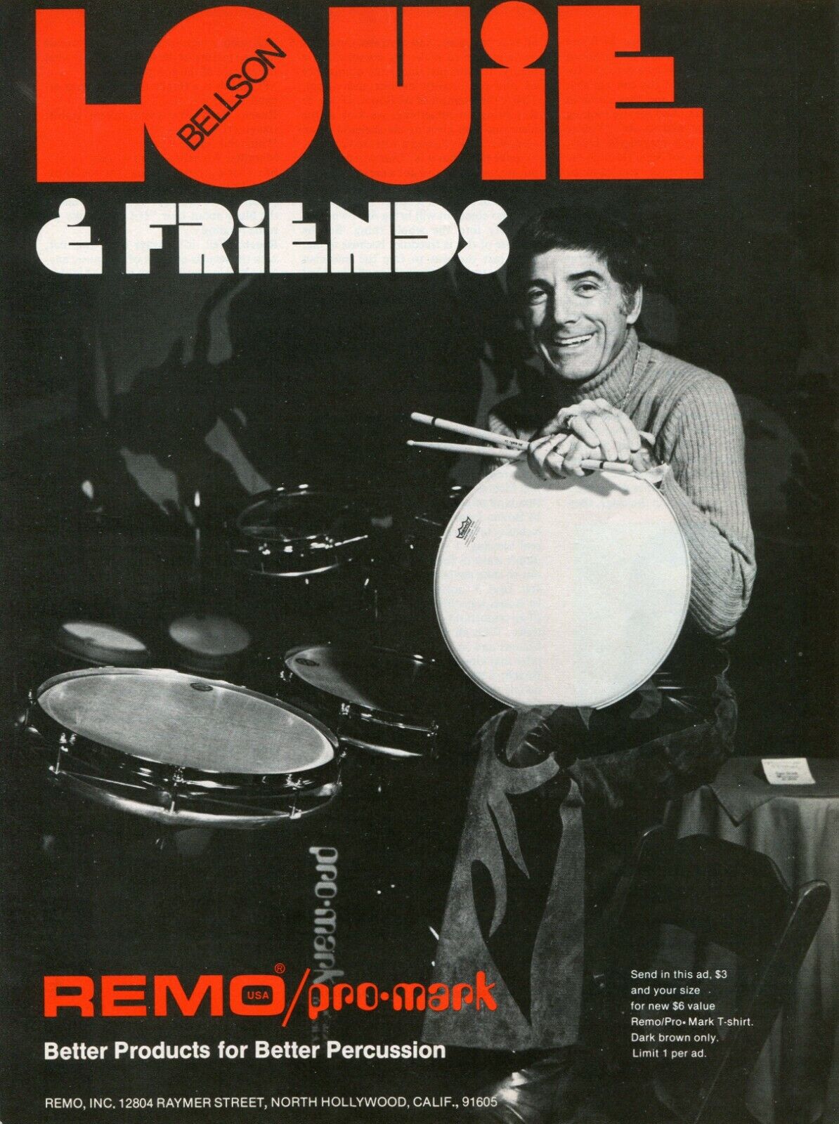 1983 Print Ad of Remo Drumheads & Promark Drumsticks w Louie Bellson