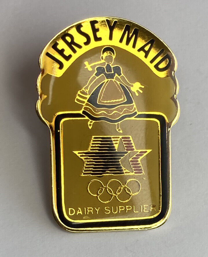 Vintage 1984 Olympics Lapel Pin: Jersey Maid Dairy Supplier - 3/4” Wide