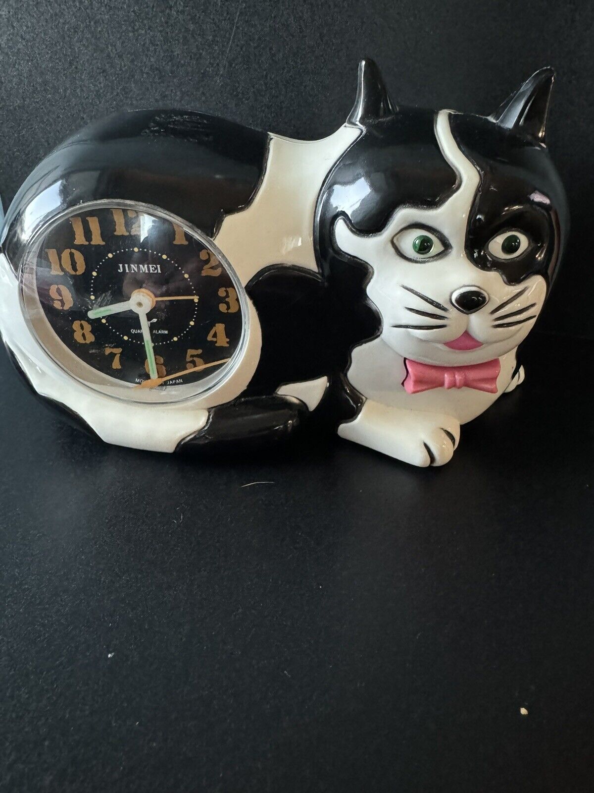 JINMEI Cat Alarm Clock Black/White RARE 1989 Japan *parts or repair* Kawaii ￼