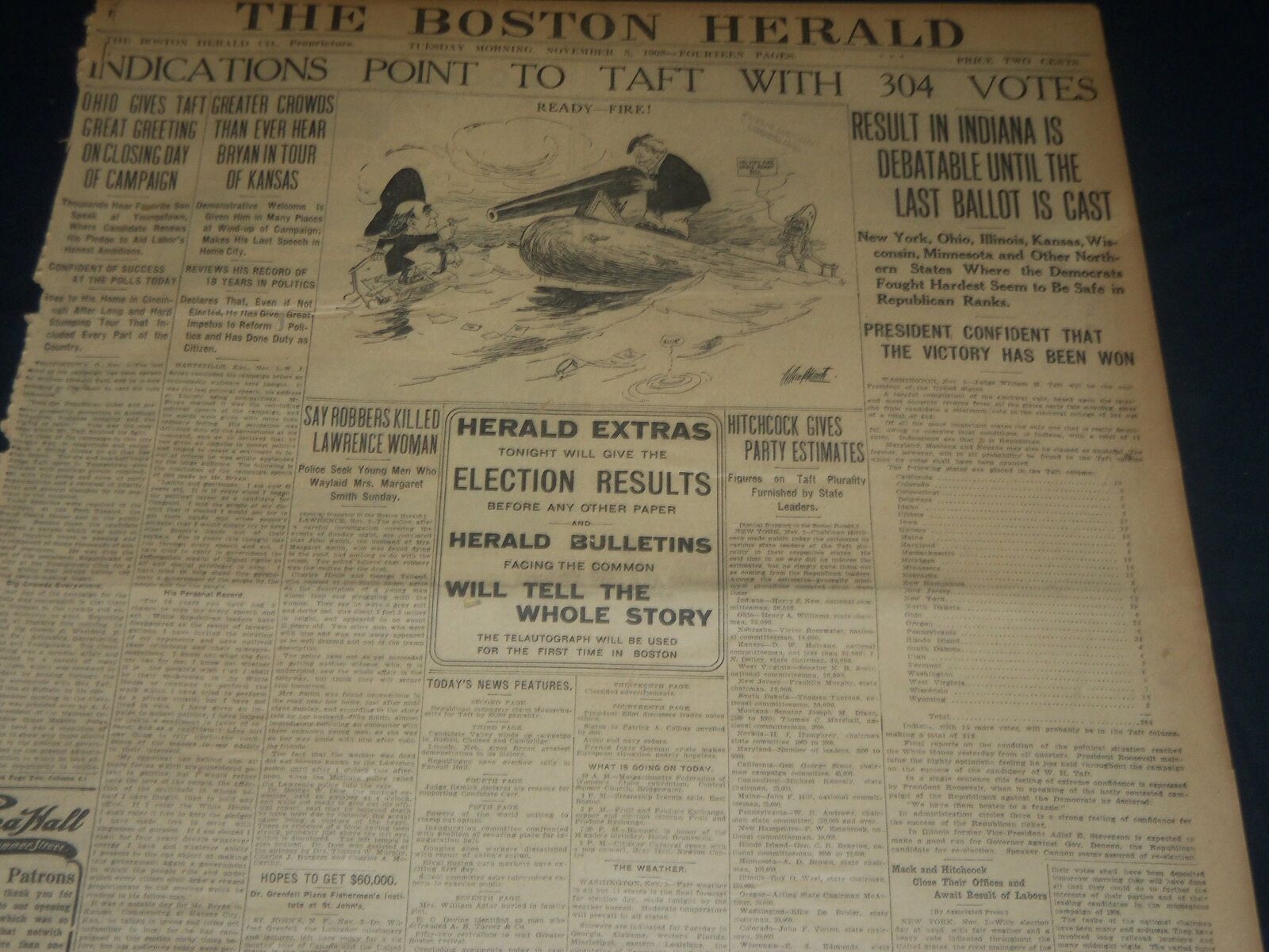 1908 NOV 3 THE BOSTON HERALD - INDICATIONS POINT TO TAFT WITH 304 VOTES - BH 240