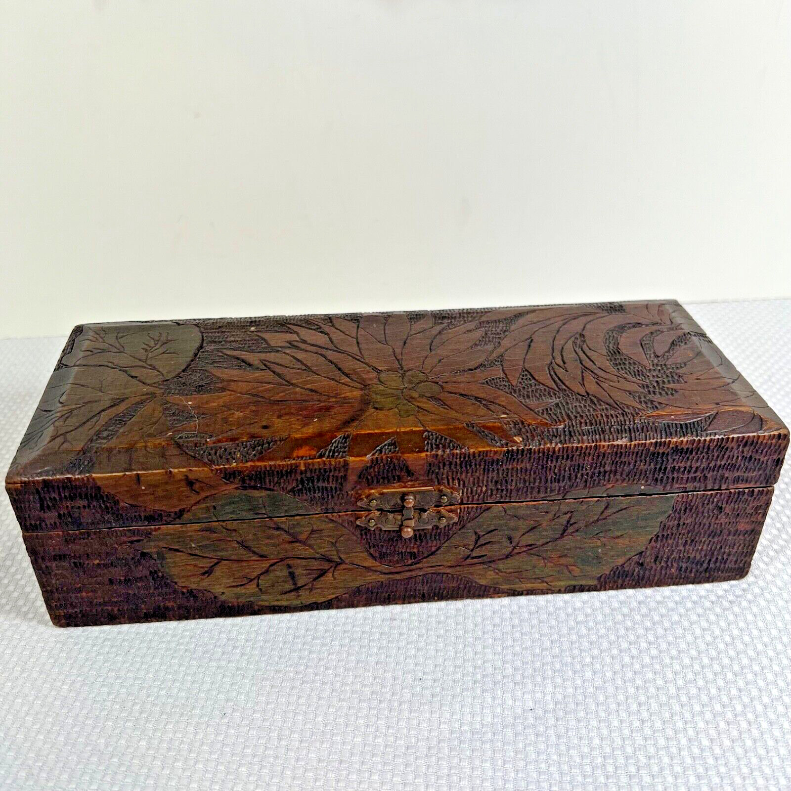 Antique Pyrography Wood Hinged Glove Box Burnt Wood Work Outside and Inside