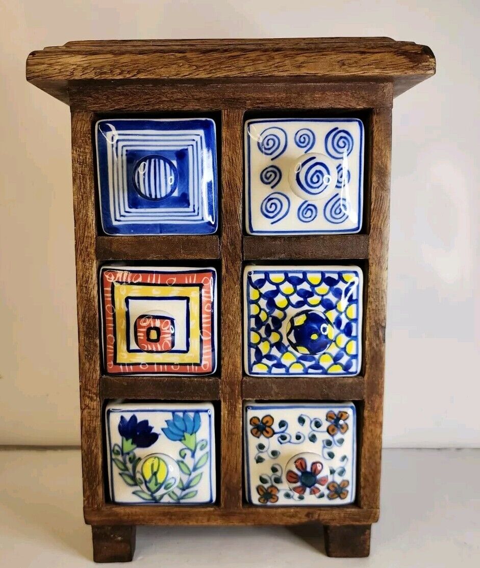Wood Ceramic Porcelain Apothecary Spice Cabinet Box Tea Jewelry 6 Drawers