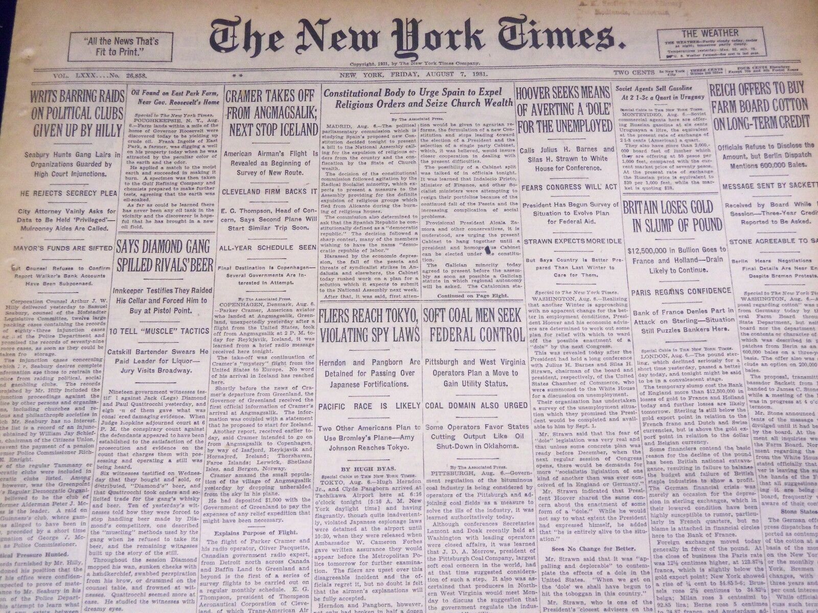 1931 AUGUST 7 NEW YORK TIMES - HERNDON AND PANGBORN REACH TOKYO - NT 3927