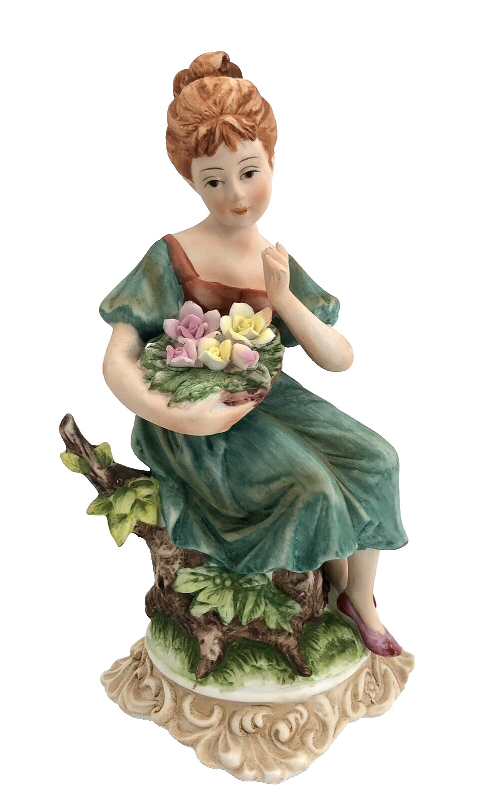 Vintage Lefton Hand Painted Sitting Girl Holding Flowers KW8017 Japan Figurine