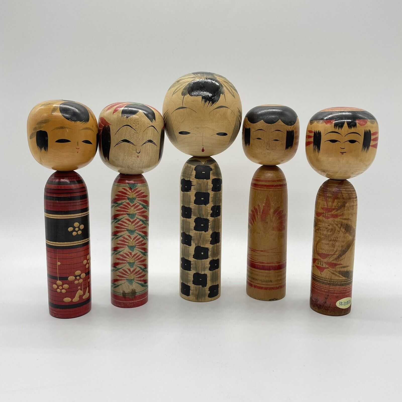 Vintage Small Kokeshi  Dolls lot japanese 5 wooden Bulk All Signed 1970\'s KS004