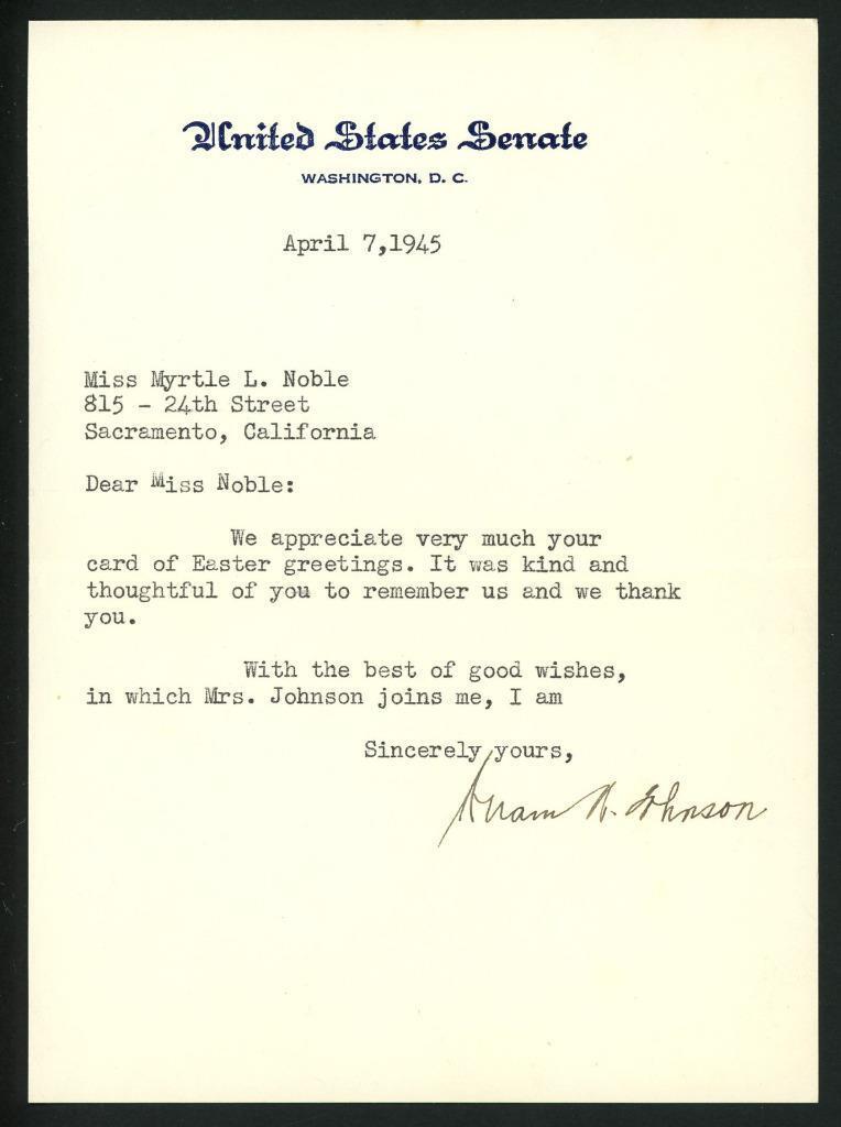 HIRAM JOHNSON (1866-1945) signed letter | Governor/Senator California autograph