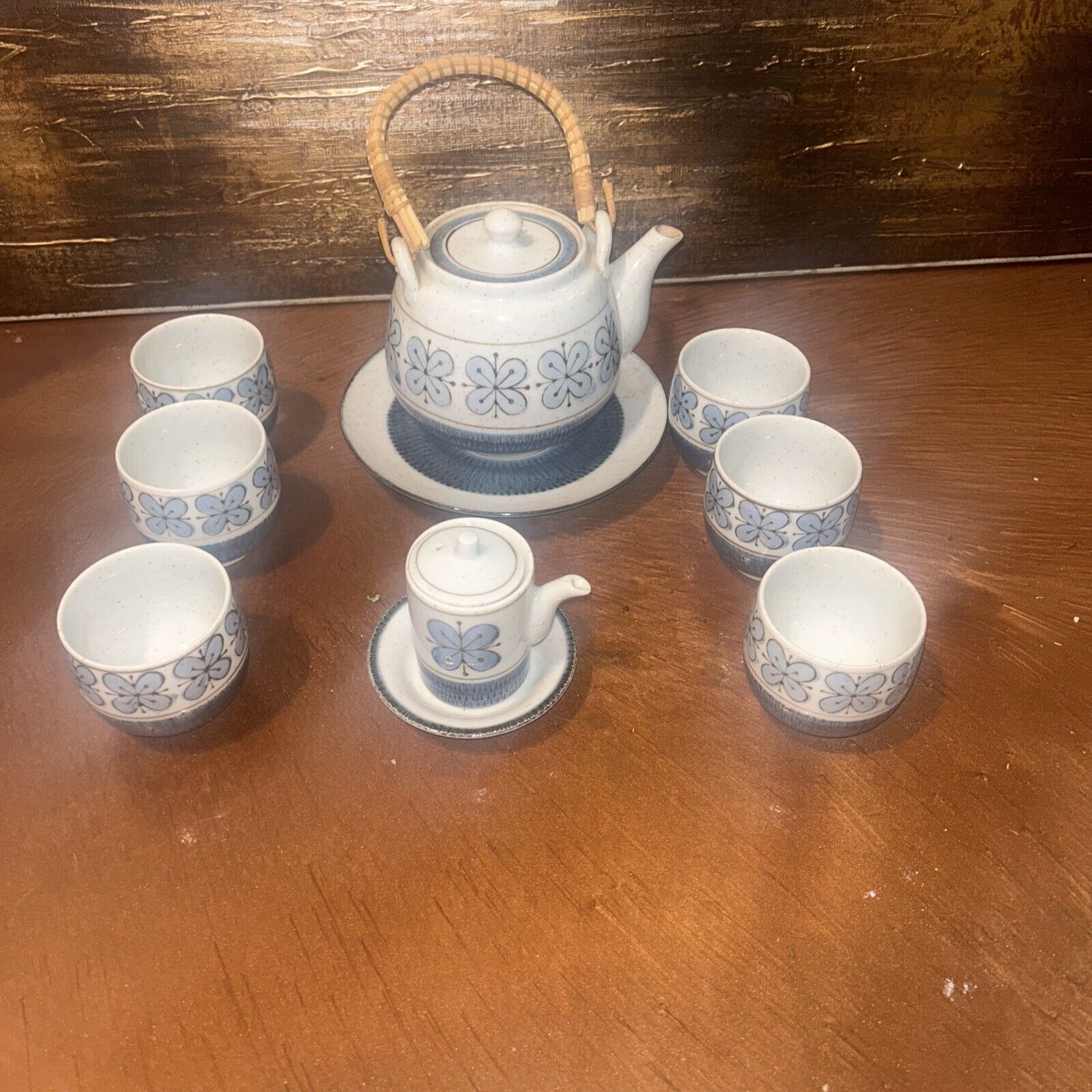 Vintage Otagiri OMC Tea Set Japan Blue Floral Stoneware Teapot,Creamer & 6 Cups