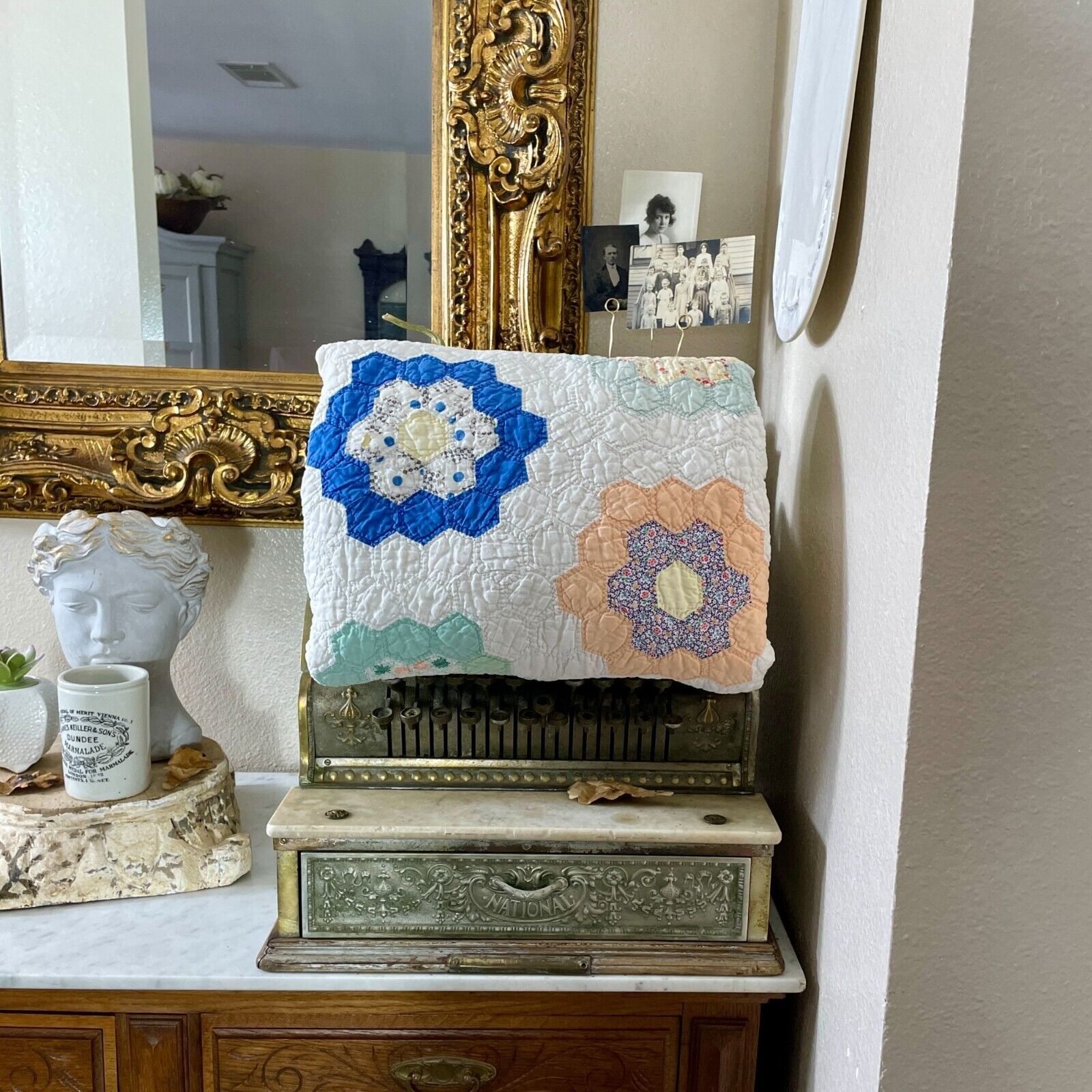 Antique Soft Twin Handmade Quilt Grandma's Garden Yellow Blue Vintage Blanket