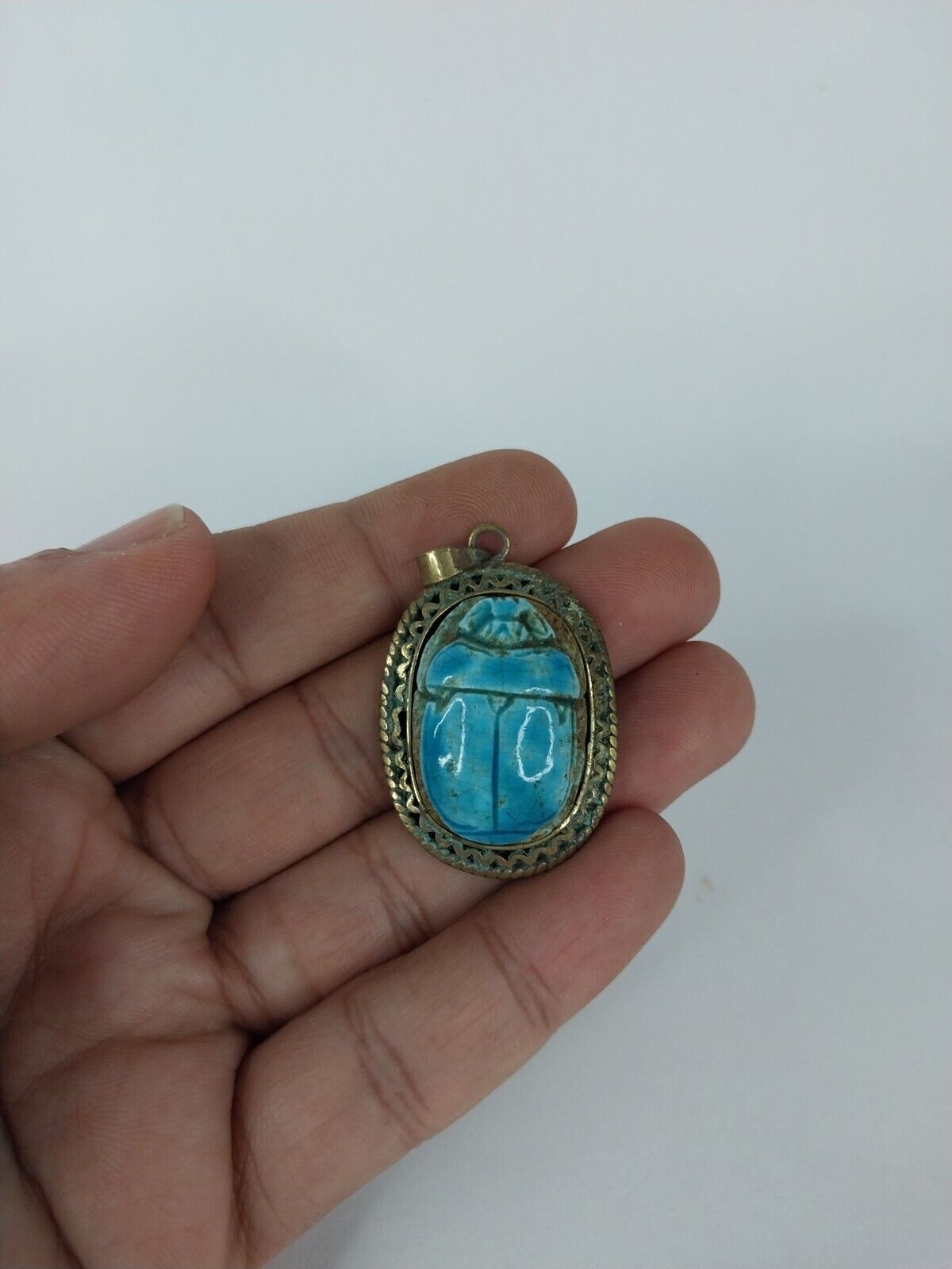 RARE ANTIQUE ANCIENT EGYPTIAN Small Scarab Blue Stone Carving Pendant Necklace