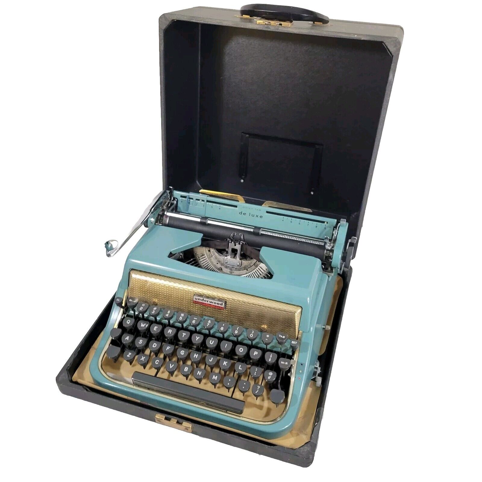 Vintage Underwood Golden Touch Quiet Tab De Luxe Portable Blue Typewriter Case