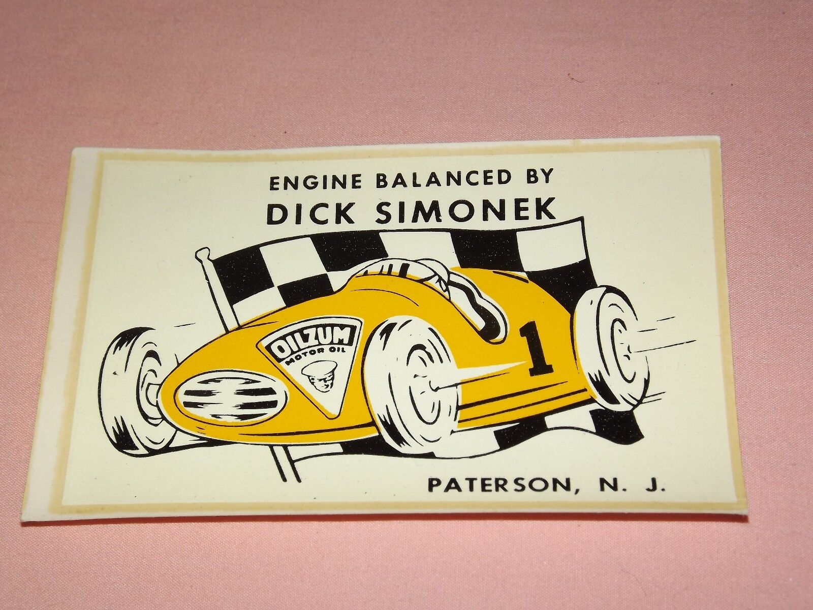 VINTAGE OLD CAR ENGINE BALANCED BY DICK SIMONEK PATERSON NJ RACE CAR STICKER